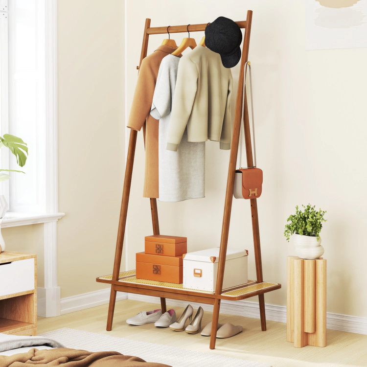 Hivvago Bamboo Clothes Rack with Hanging Rod Rattan Shelf and Copper Hooks