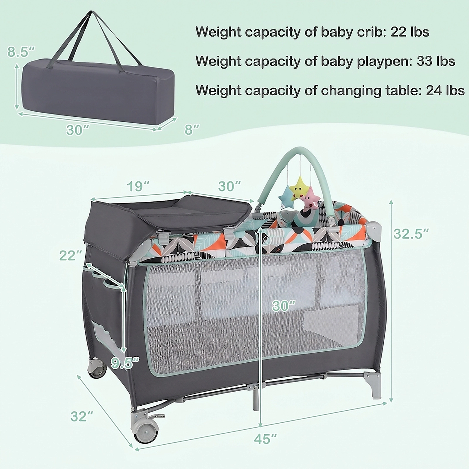 SUGIFT Baby 3-in-1 Bassinet Diaper Table Zippered Door Toy Bar Playard 45-in x 32-in x 32.5-in 33-lb Capacity Blue