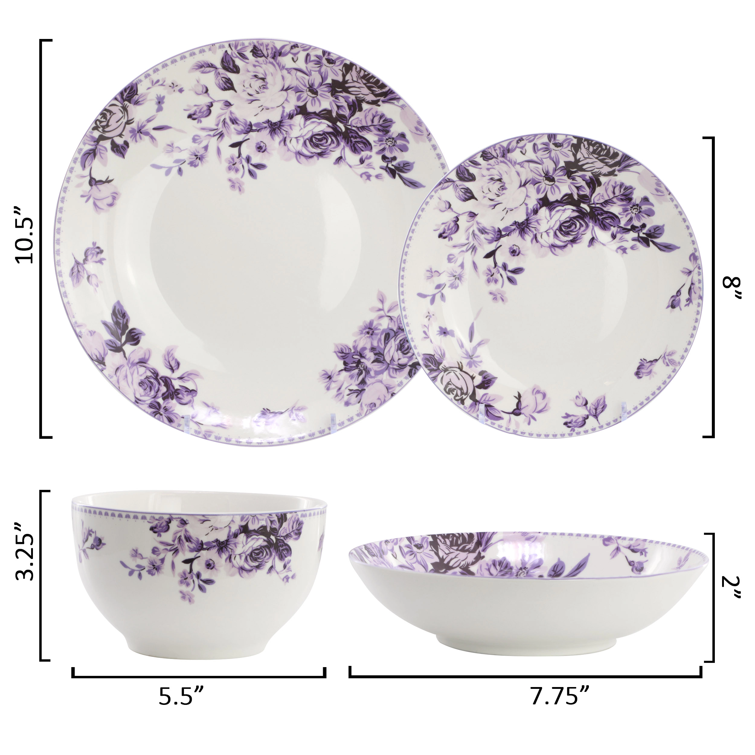 Elama Traditional Purple Rose 24 Piece Porcelain Double Bowl Dinnerware Set