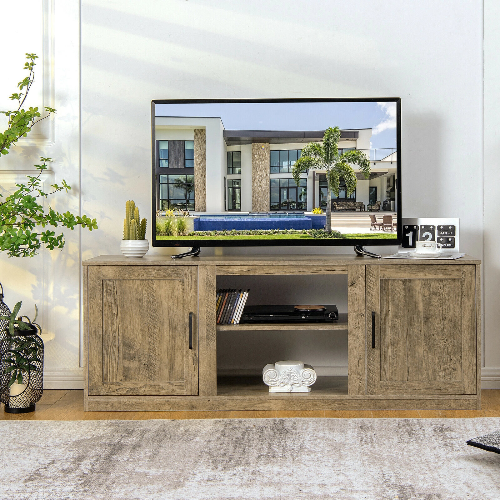 SUGIFT 58-in Natural TV Stand for TVs up to 65-in, Double Barn Doors, Fireplace Ready