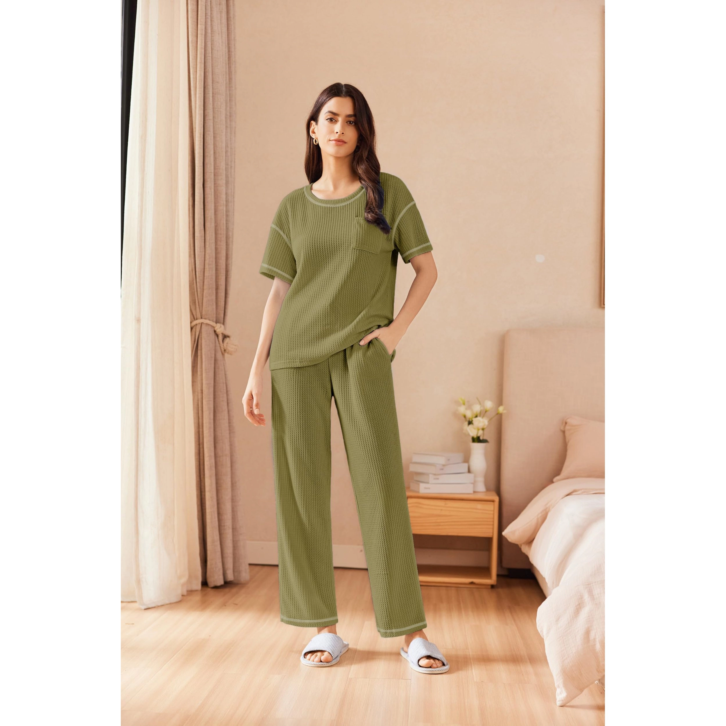 Ekouaer Women Waffle Knit Lounge Sets Short Sleeve Top and Long Pant Pajama Set Loungewear 2 Piece
