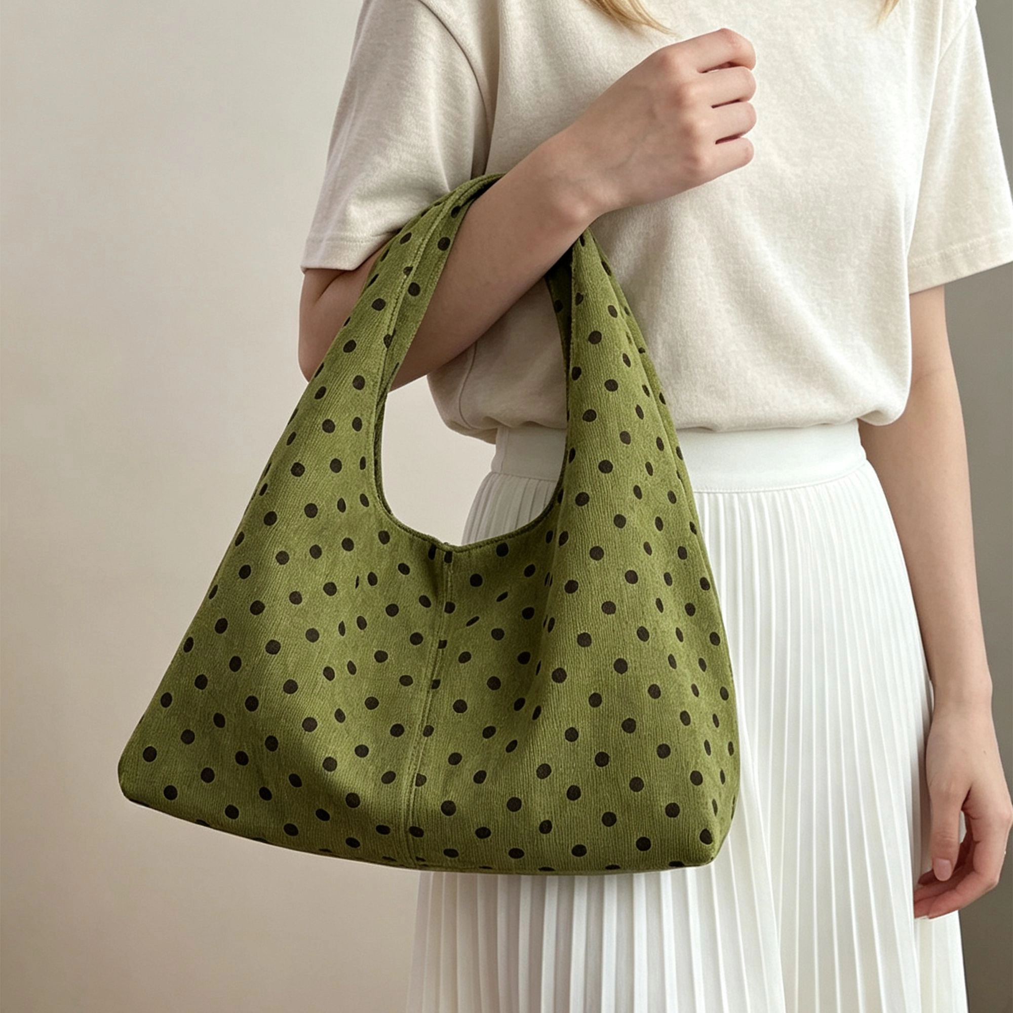 Alilang Womens Polka Dot Corduroy Hobo Shoulder Bag with Wide Strap and Interior Pockets, Green