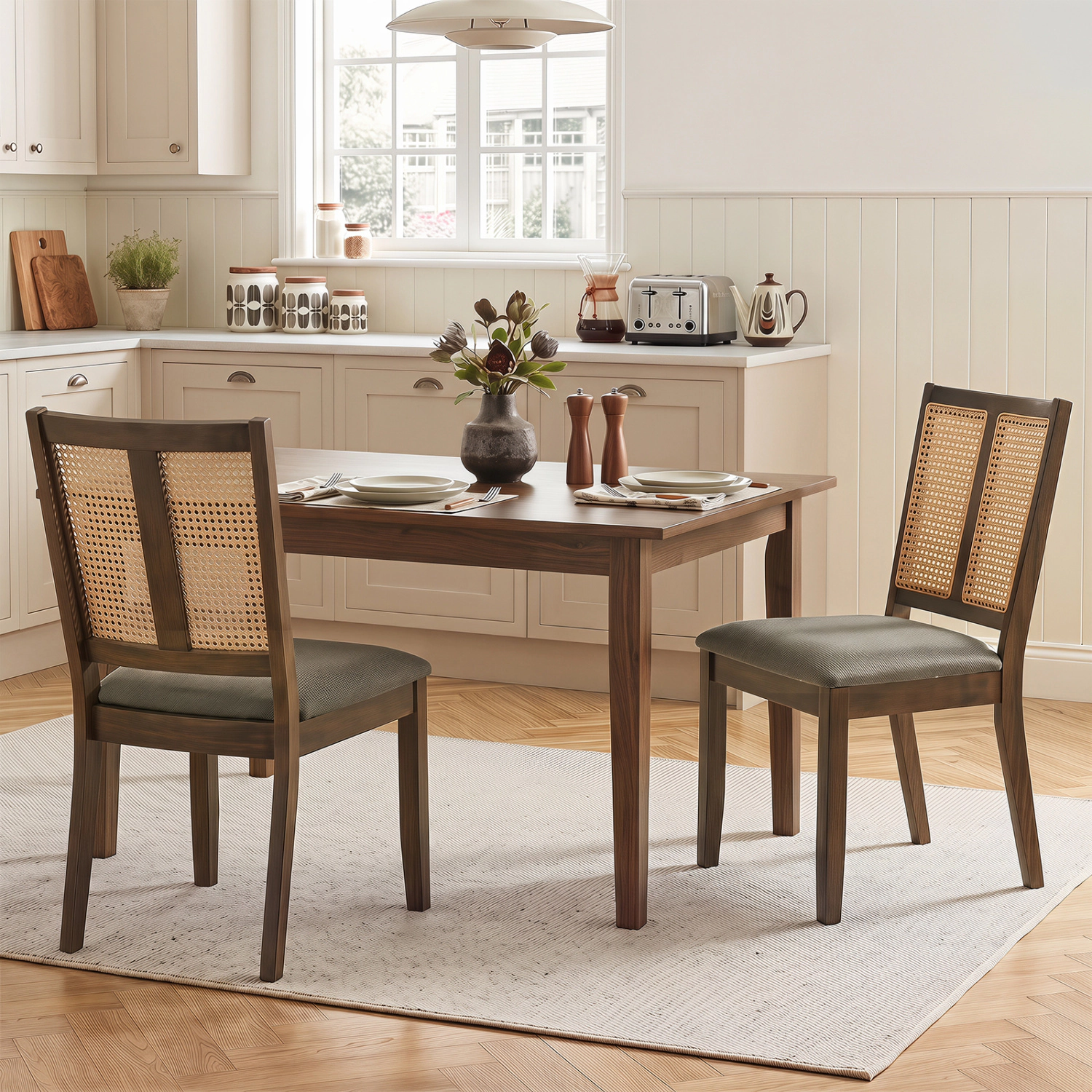 LJG Rattan Dining Chairs Set of 2 with Curved Backrest & Padded Seat for Room