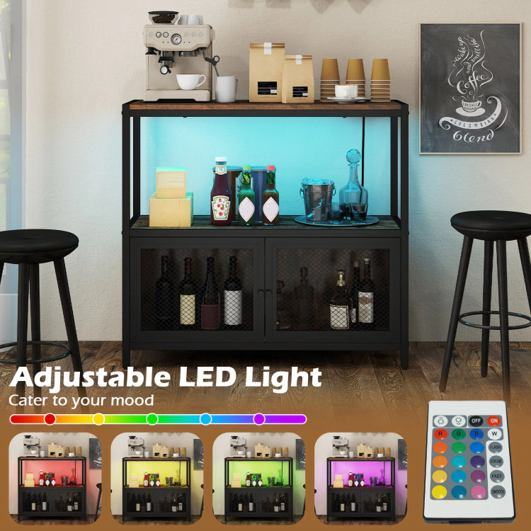 Hivvago Industrial Coffee Bar Cabinet With Led Lights And Charging Station