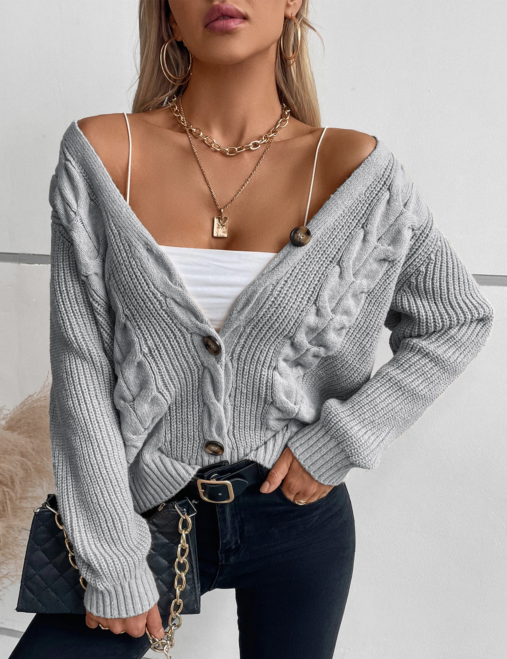KOJOOIN Women's Cable Knit Cardigan V Neck Sweater Ribbed Cuff Button Down Coat Outwear Winter Jacket