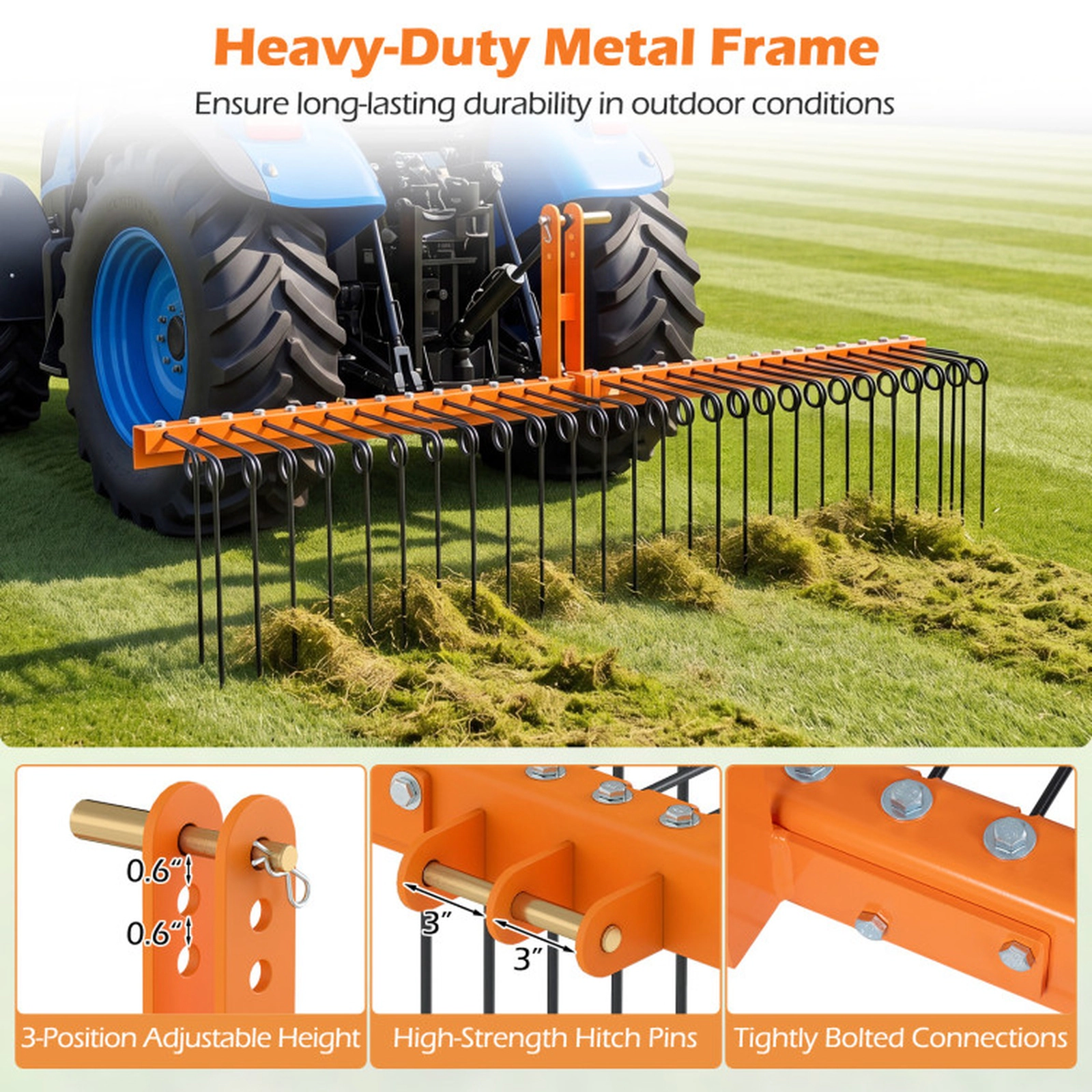 SUGIFT 72-in Wide Pine Straw Rake Attachment with 30 Metal Coil Tines for Grass Black & Orange