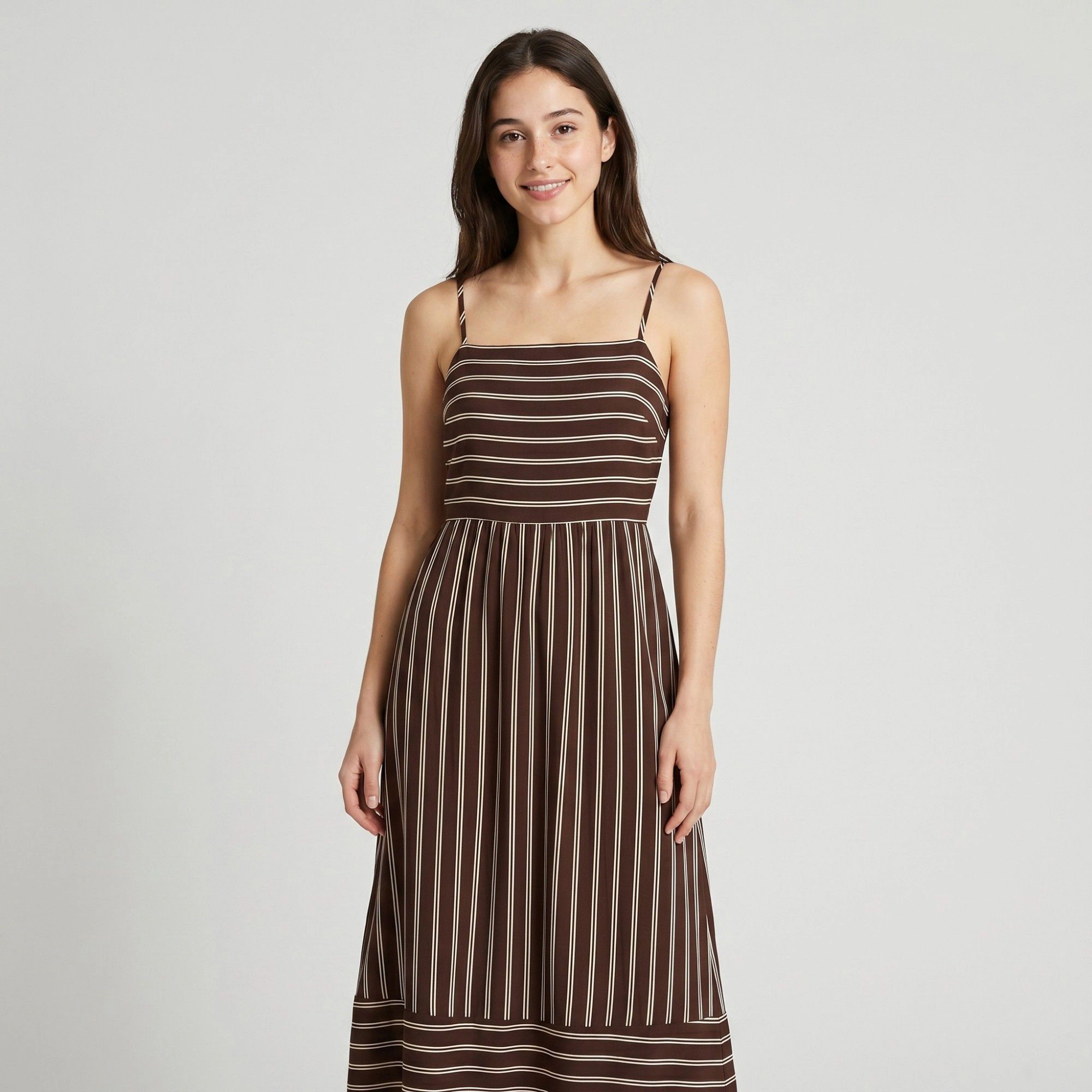 Anna-Kaci Women's Striped Square Neck Sleeveless Fitted Adjustable Straps Tiered A-Line Skirt Maxi Dress