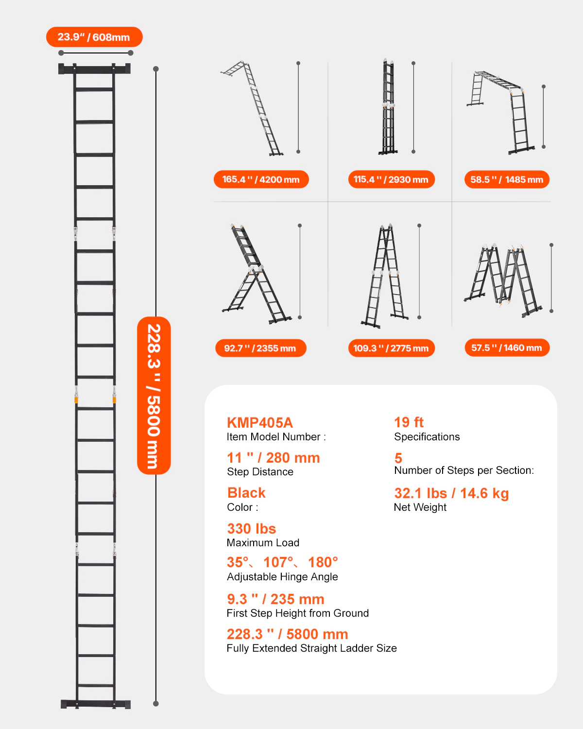 HONGGE Multi-Purpose Folding Ladder 7-in -1 Tall Extension Step A Frame Telescoping Reach Height Heavy