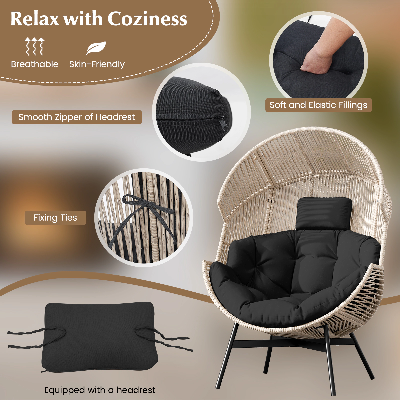 SUGIFT Oversized PE Rattan Headrest Cushions Wicker Egg Lounge Chair 40-in x 38-in x 55-in 400-lb Capacity Black