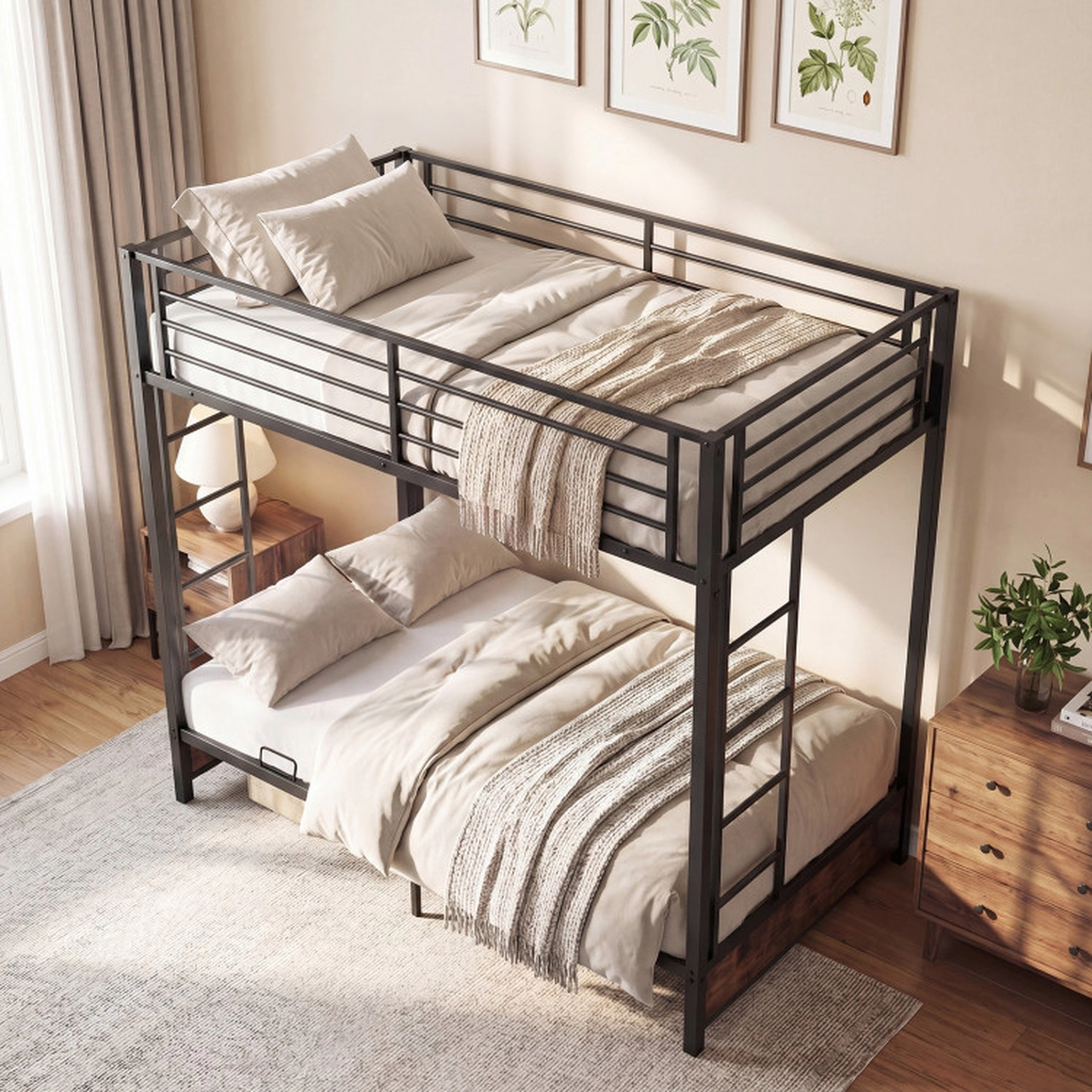 SUGIFT Rustic Brown Headboard and Footboard 485-lb Heavy Duty Twin Over Futon Teens Metal Bunk Bed