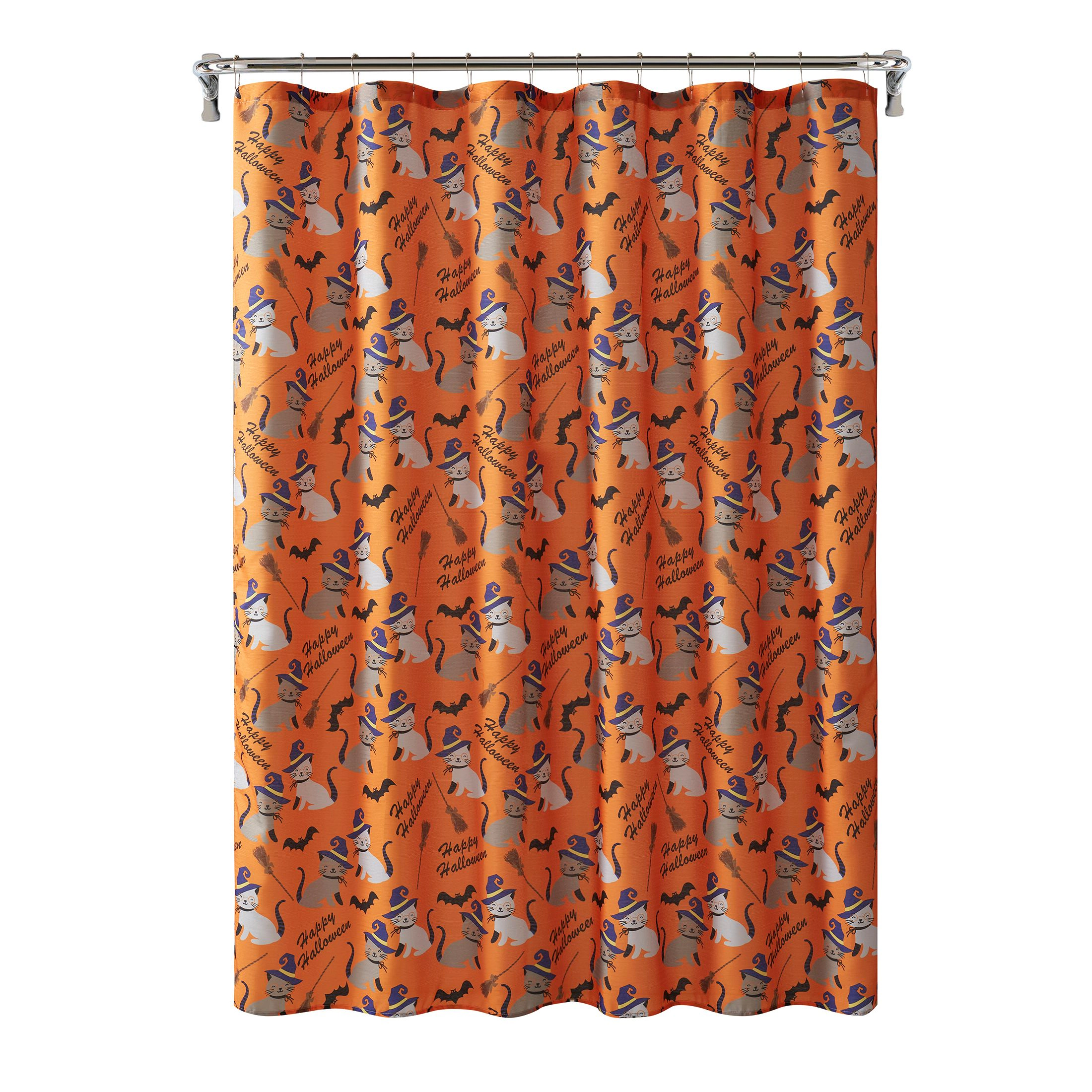 Kate Aurora Halloween Accents Kitty Witches & Broomsticks Festive Orange Fabric Shower Curtain
