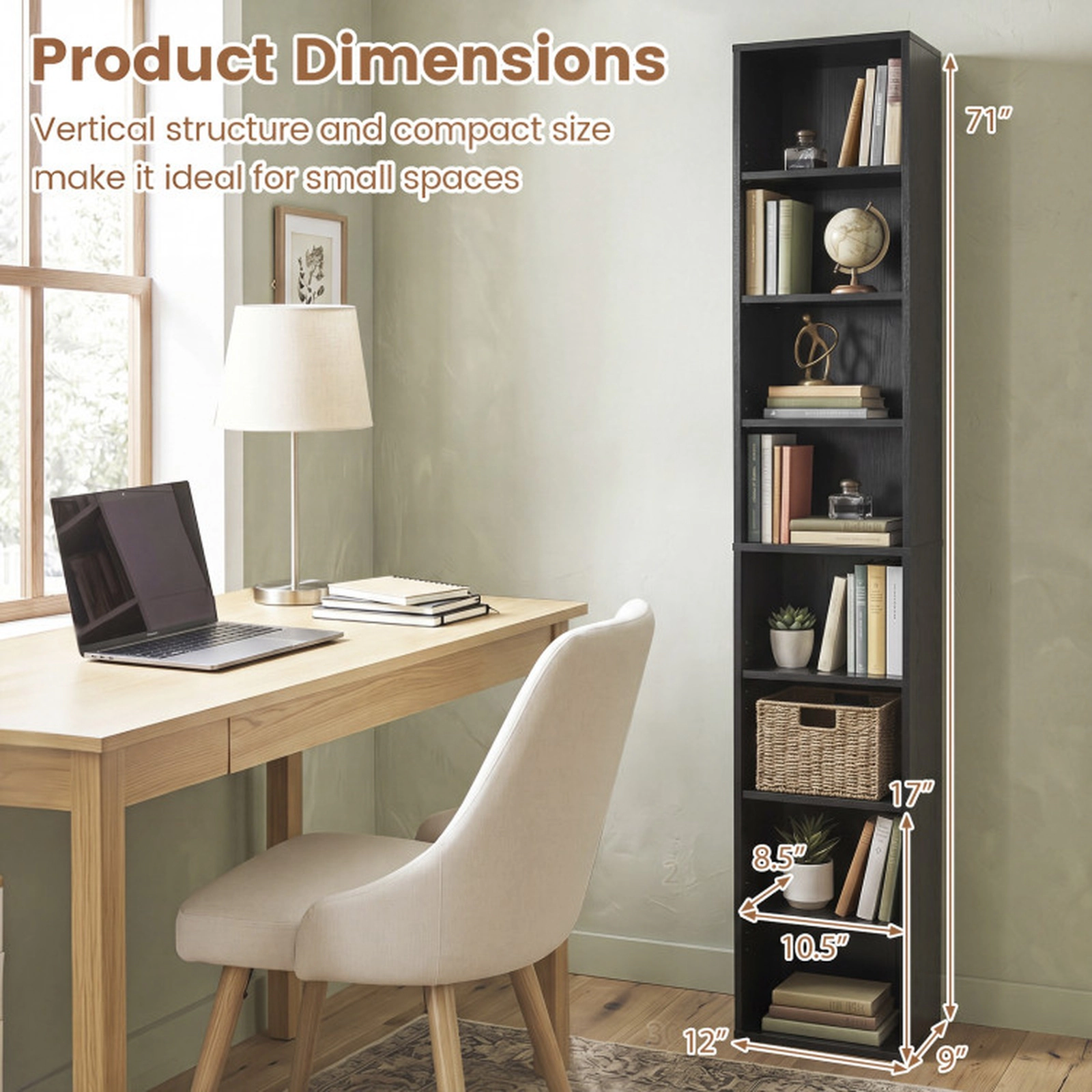 SUGIFT 8-Tier Narrow Bookcase with 4 Adjustable Shelves and Storage Cubes 22-lb Shelf Capacity 71-in Tall Black