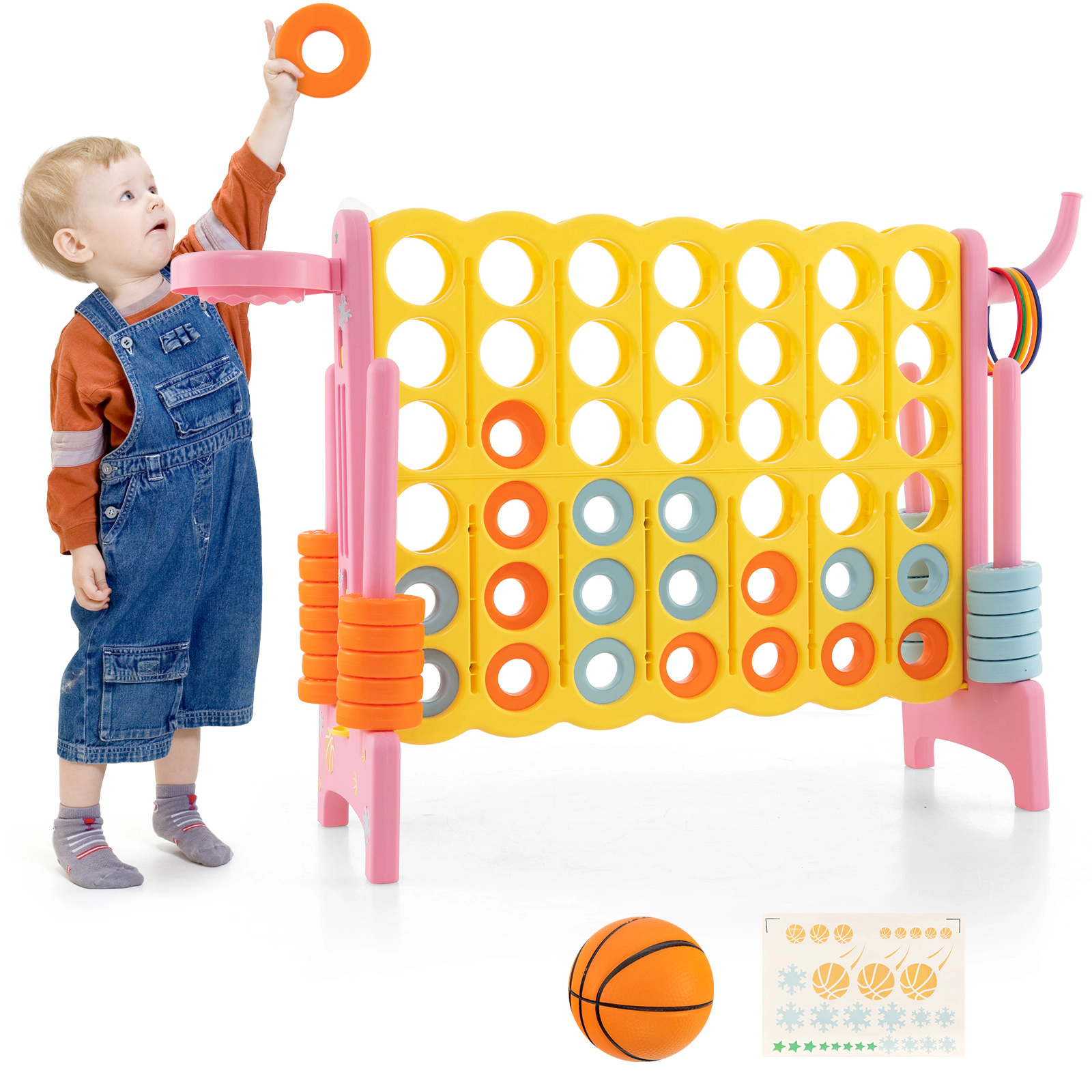 SUGIFT 3-in-1 47-in 4-to-Score Game Set with 42 Connect Rings 3.5-in Basketball and 5 Toss Rings