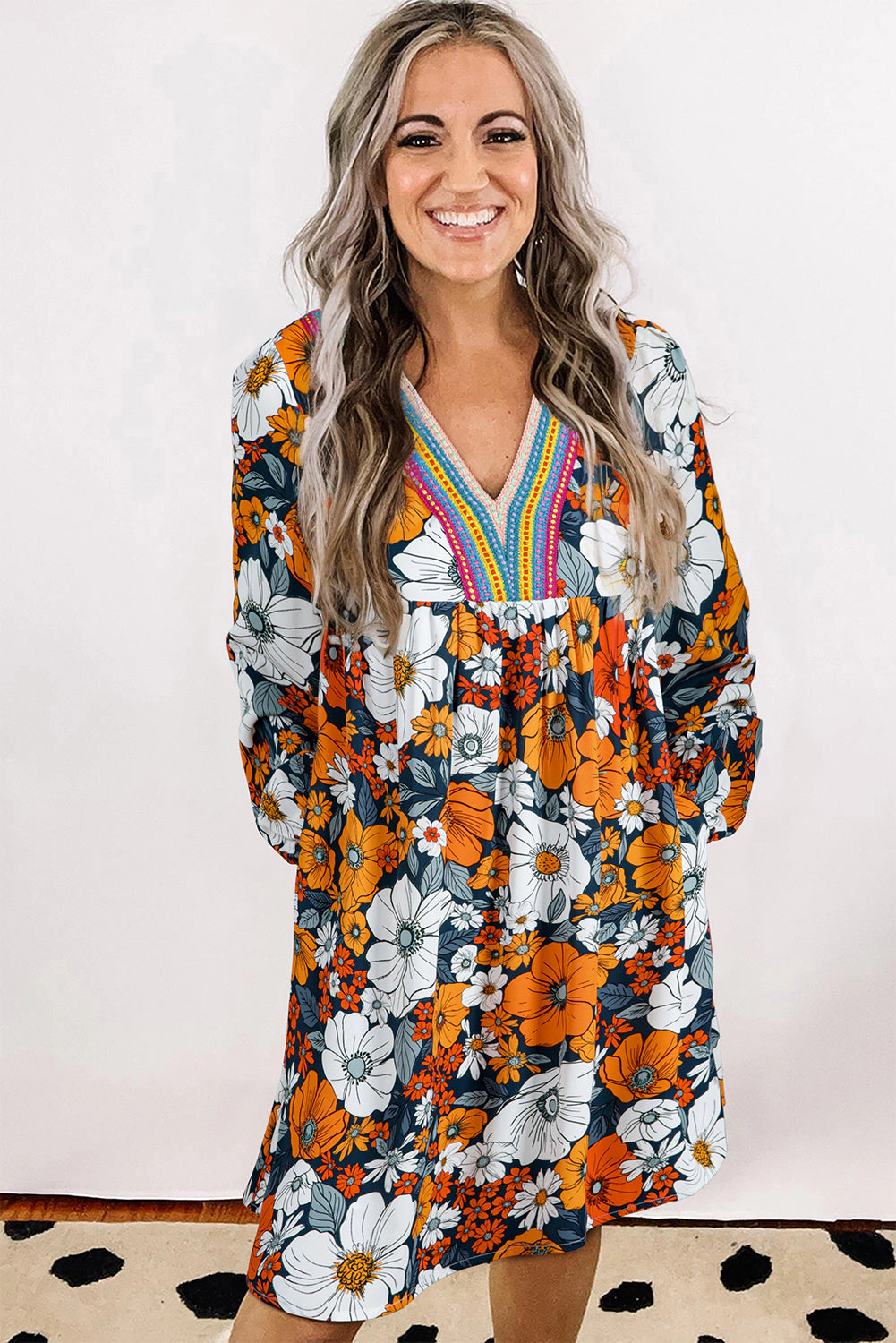 Threaded Pear Women's Blakely Floral Long Sleeve Mini Dress