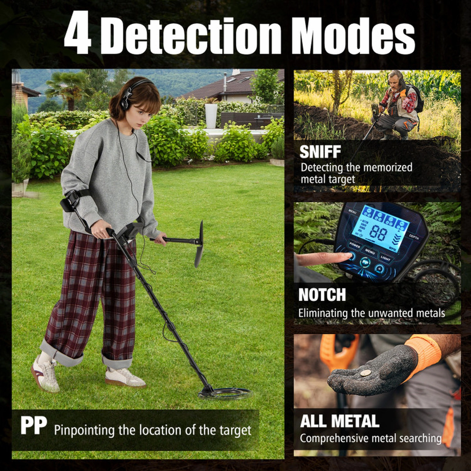 SUGIFT 4-Mode 10-in Depth Adjustable Metal Detector with Waterproof Search Coil Backlit LCD and Shovel
