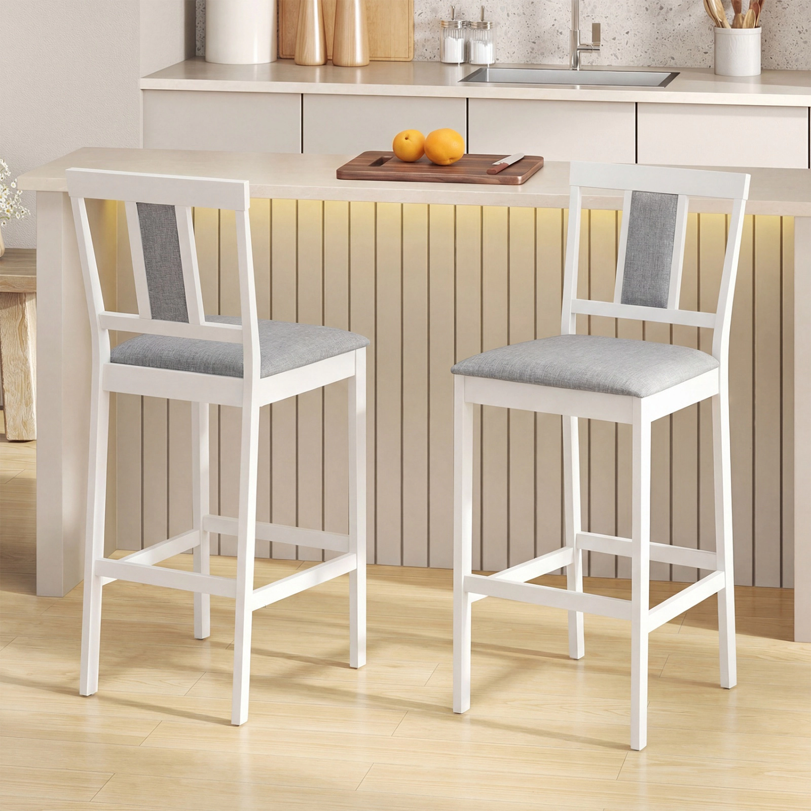 SUGIFT Set of 2 Solid Rubber Wood Frame and Linen Seat 29.5-in Seat H 300-lb Rated Bar Height Stools White