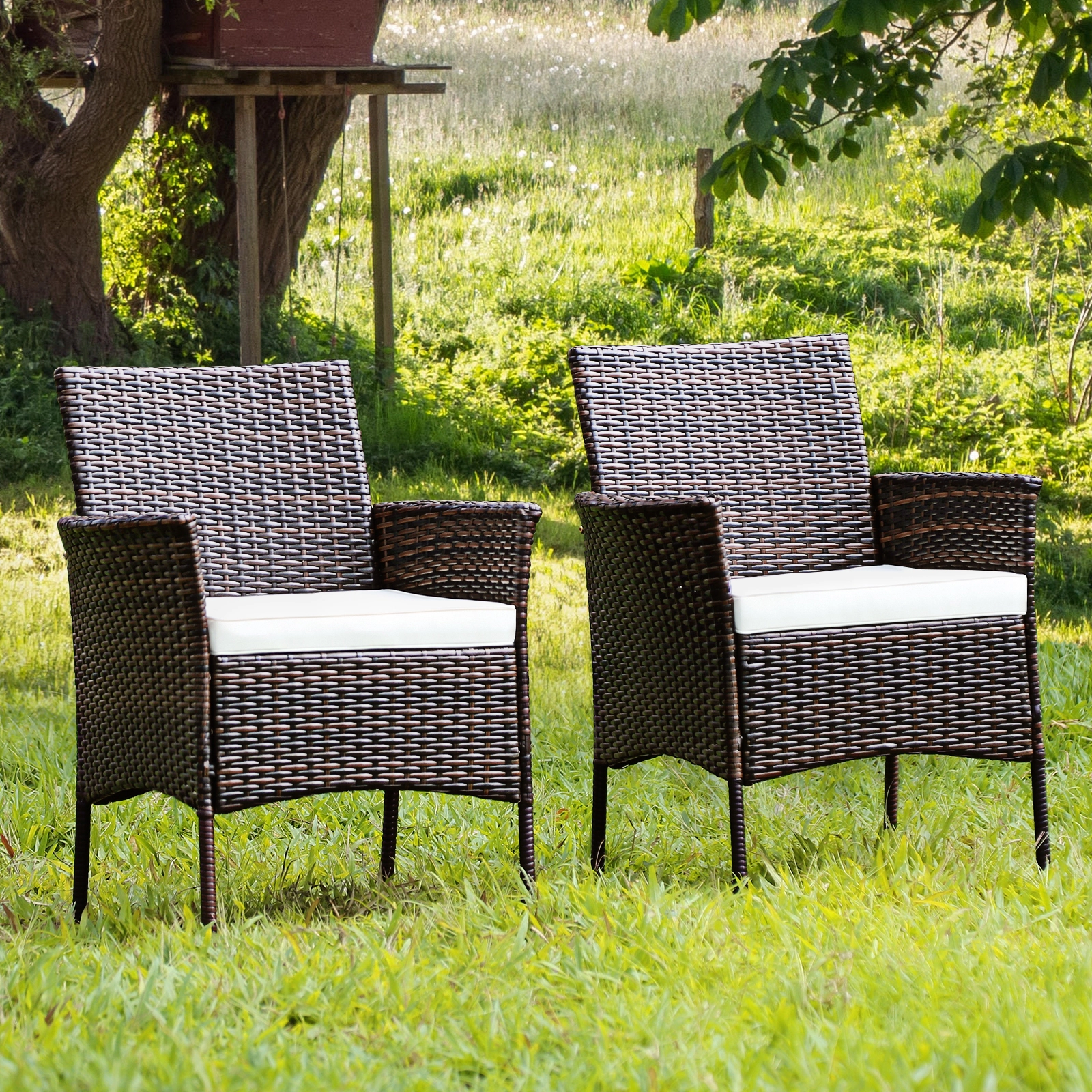 SUGIFT 2-Piece Outdoor PE Rattan Dining Armchairs Removable Cushions 360-Lb Capacity Mix Brown Rattan Off White Cushions