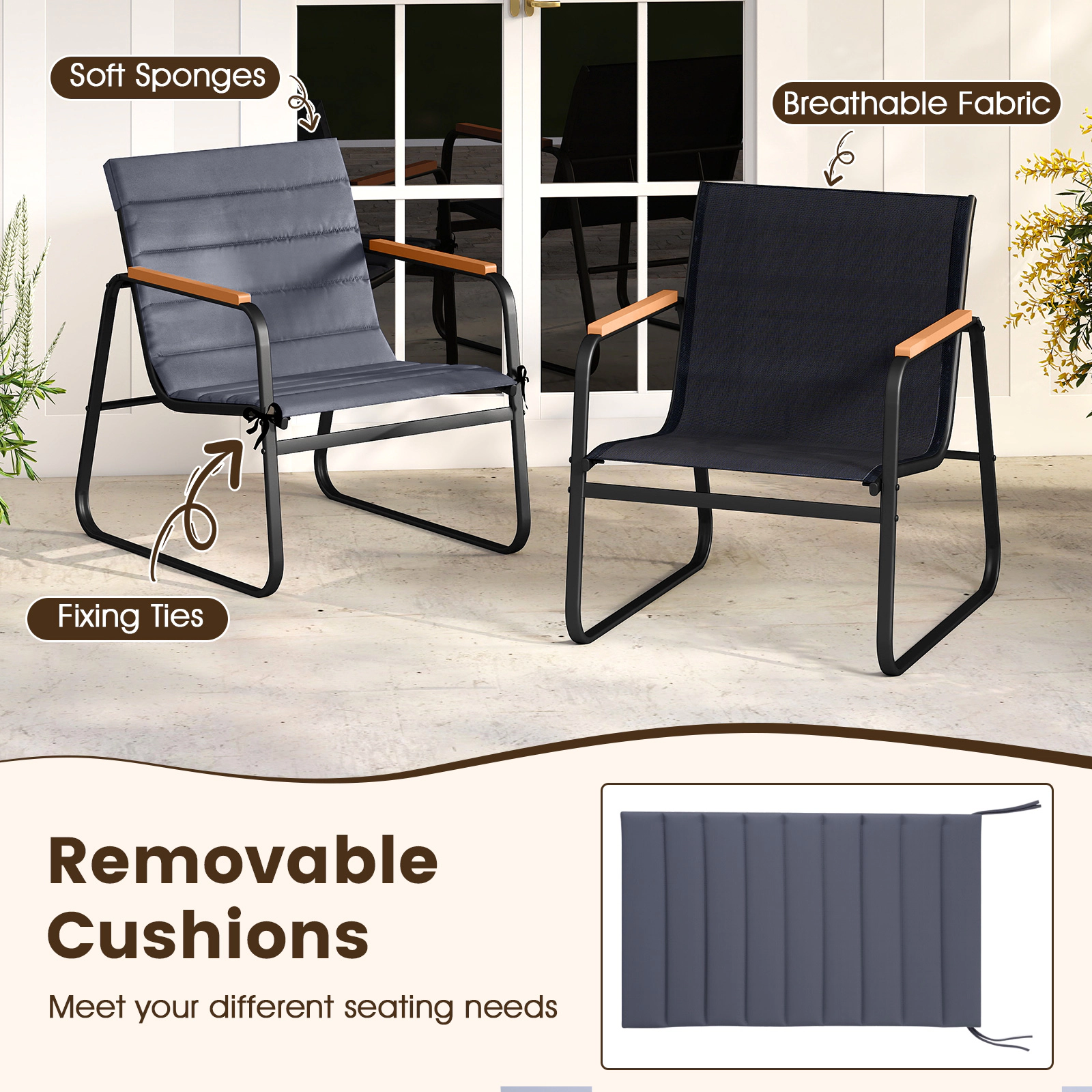 SUGIFT 3-Piece Gray Patio Bistro Set with Cushioned Chairs and Tempered Glass Table