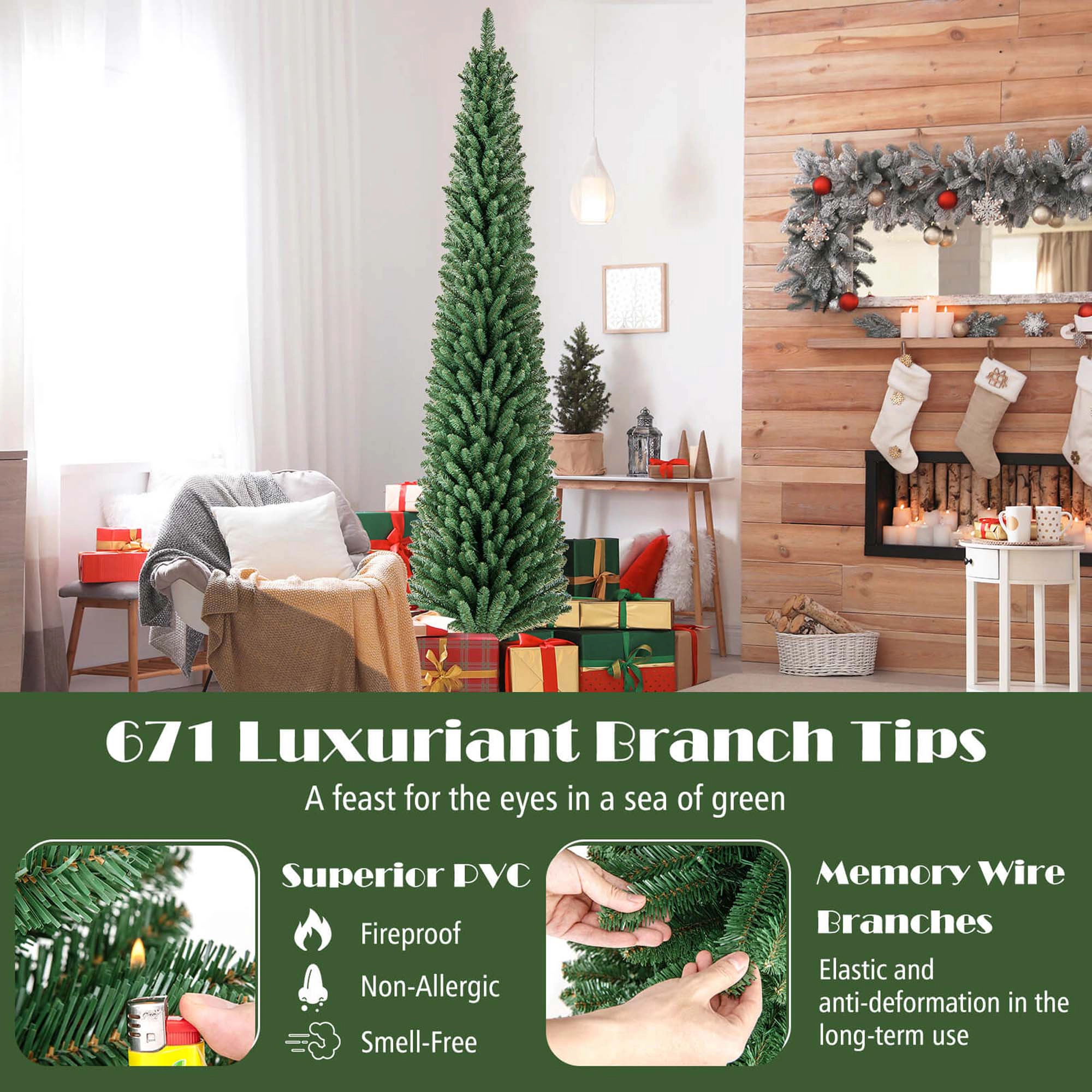 Costway 5/6/7/8 FT Pencil Christmas Tree with 295 Memory Wire Branch Tips 110/140/190/250 LED Lights for Home