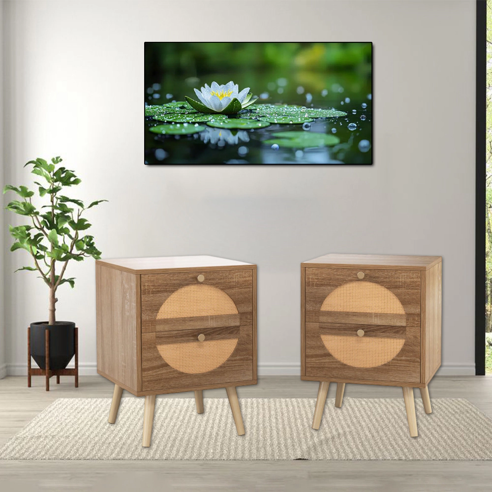 Hivvago Set of 2 Rattan Nightstand with 2 Drawers and Solid Wood Legs