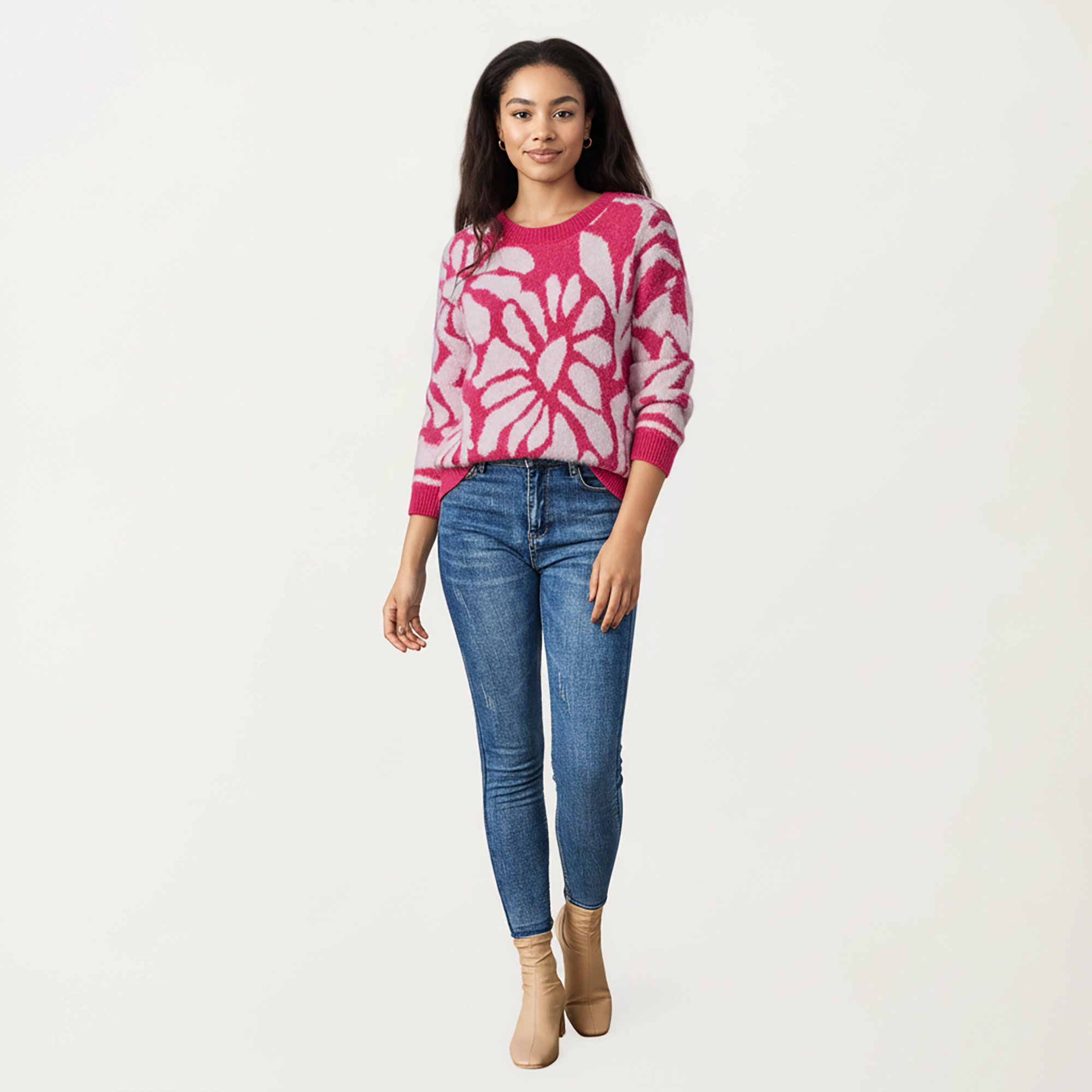 Anna-Kaci Women's Bold Abstract Floral Pattern Knit Sweater with Soft Textured Feel Ribbed Crew Neckline