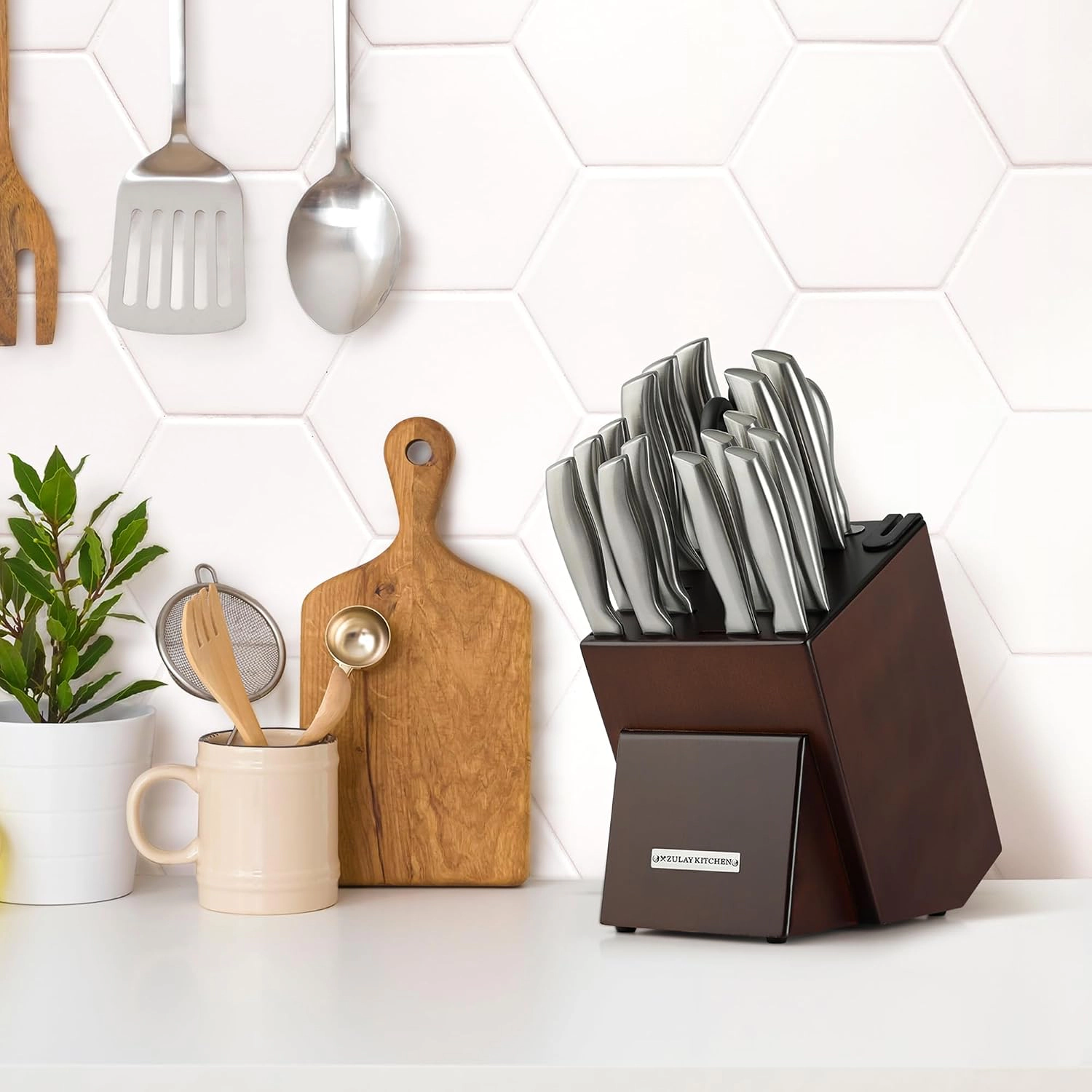 Zulay Kitchen Piece Stainless Steel Knife Set with Block and Sharpener