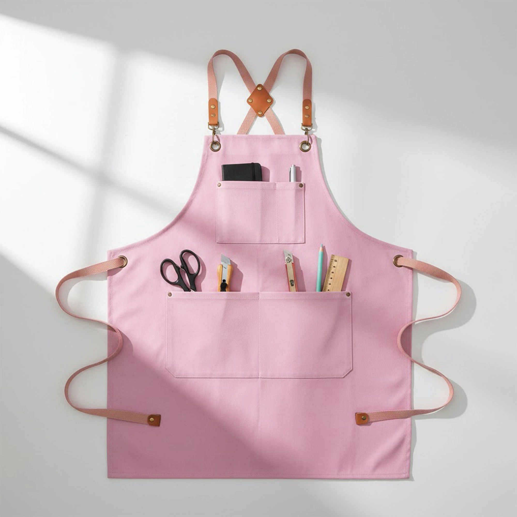 Alilang Women Adjustable Cross Back Utility Kitchen Apron with Faux Leather Strap Accents and Multi Pocket Storage Desig