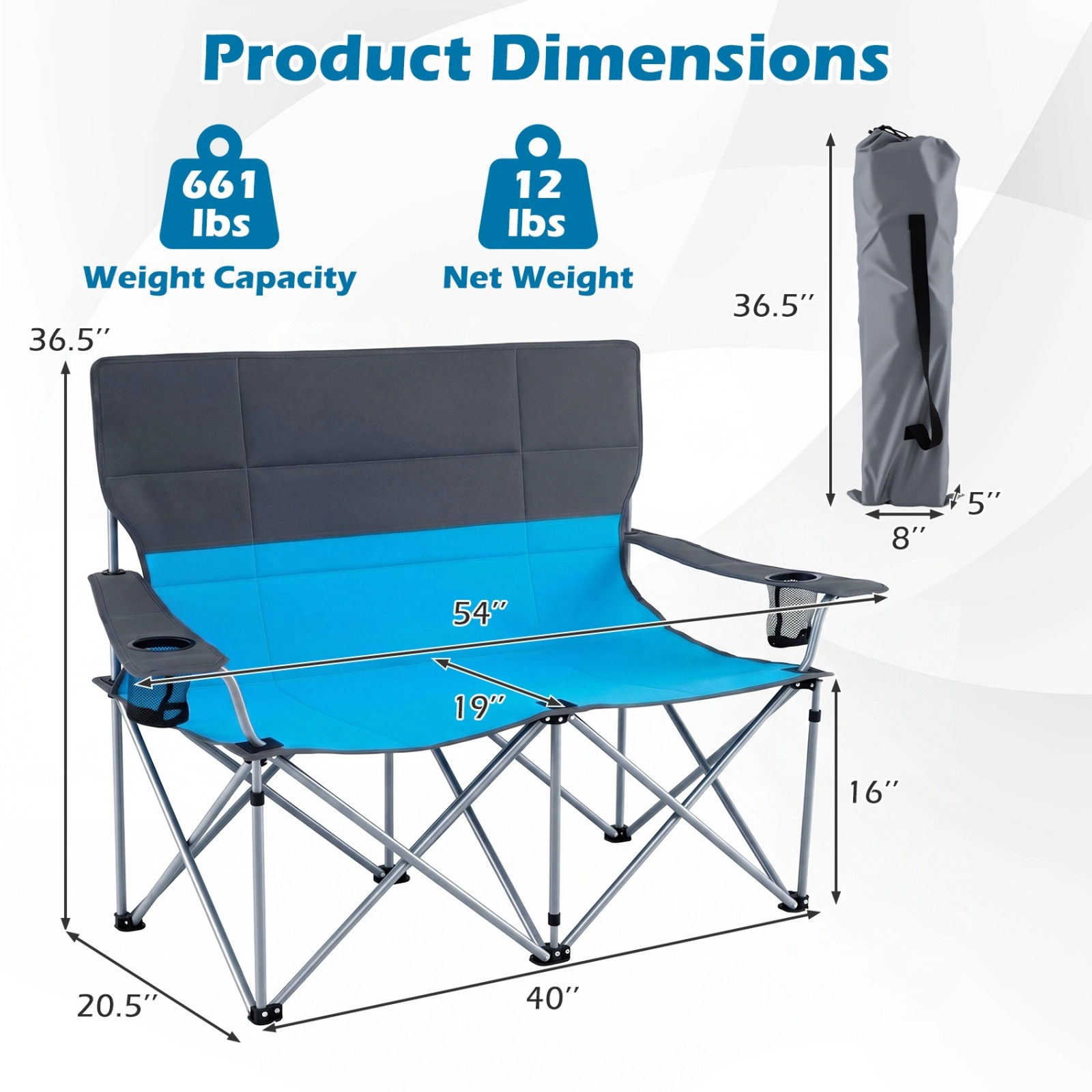 SUGIFT Blue 2-Person Camping Chair with Cup Holders and Carry Bag 40-in W 20.5-in D 36.5-in H 660-lb Seat Capacity