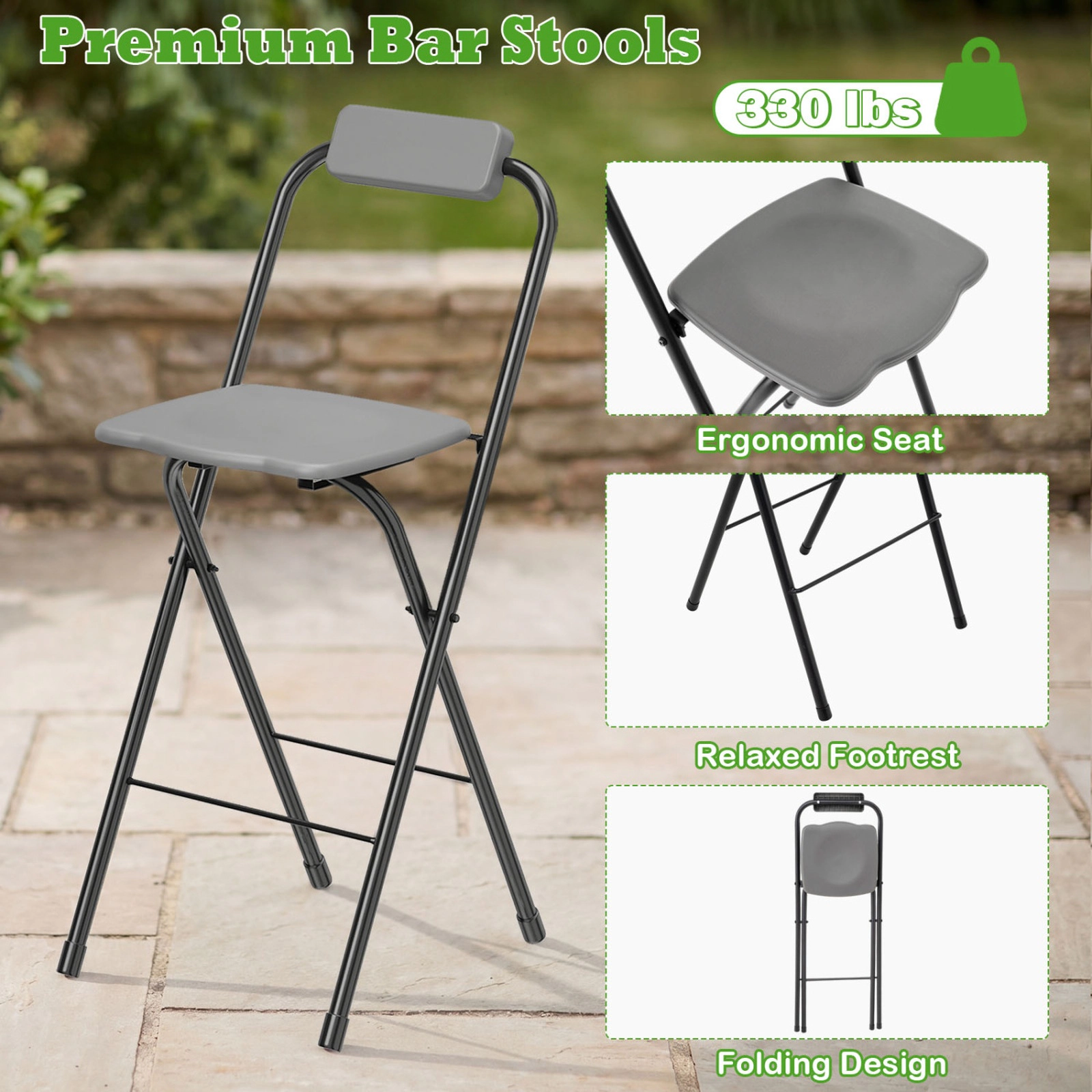 SUGIFT Black Ergonomic Seat and Footrest Set of 2 Portable Folding Bar Height Stools