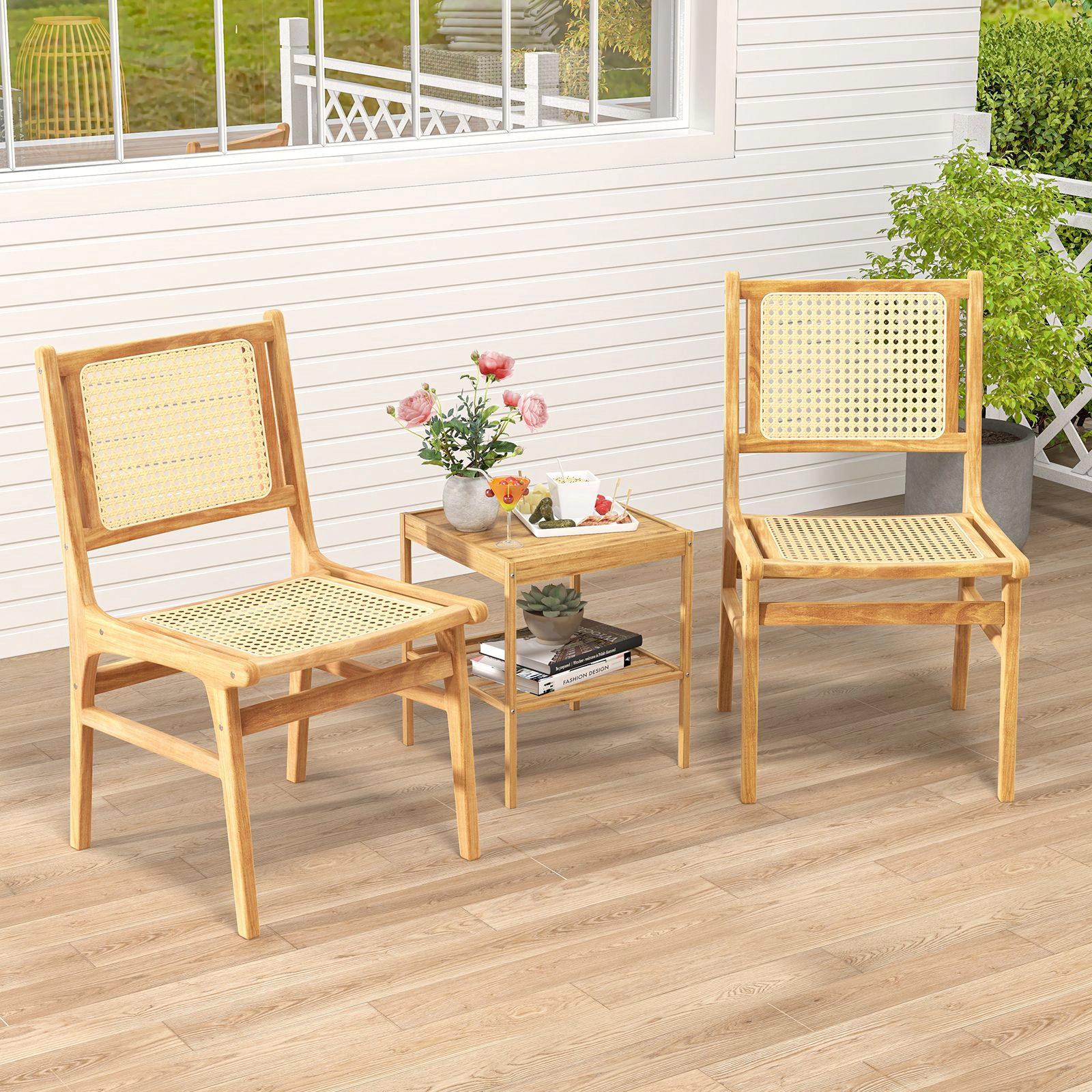 SlickBlue Farmhouse Rattan Dining Chair with Solid Teak Wood