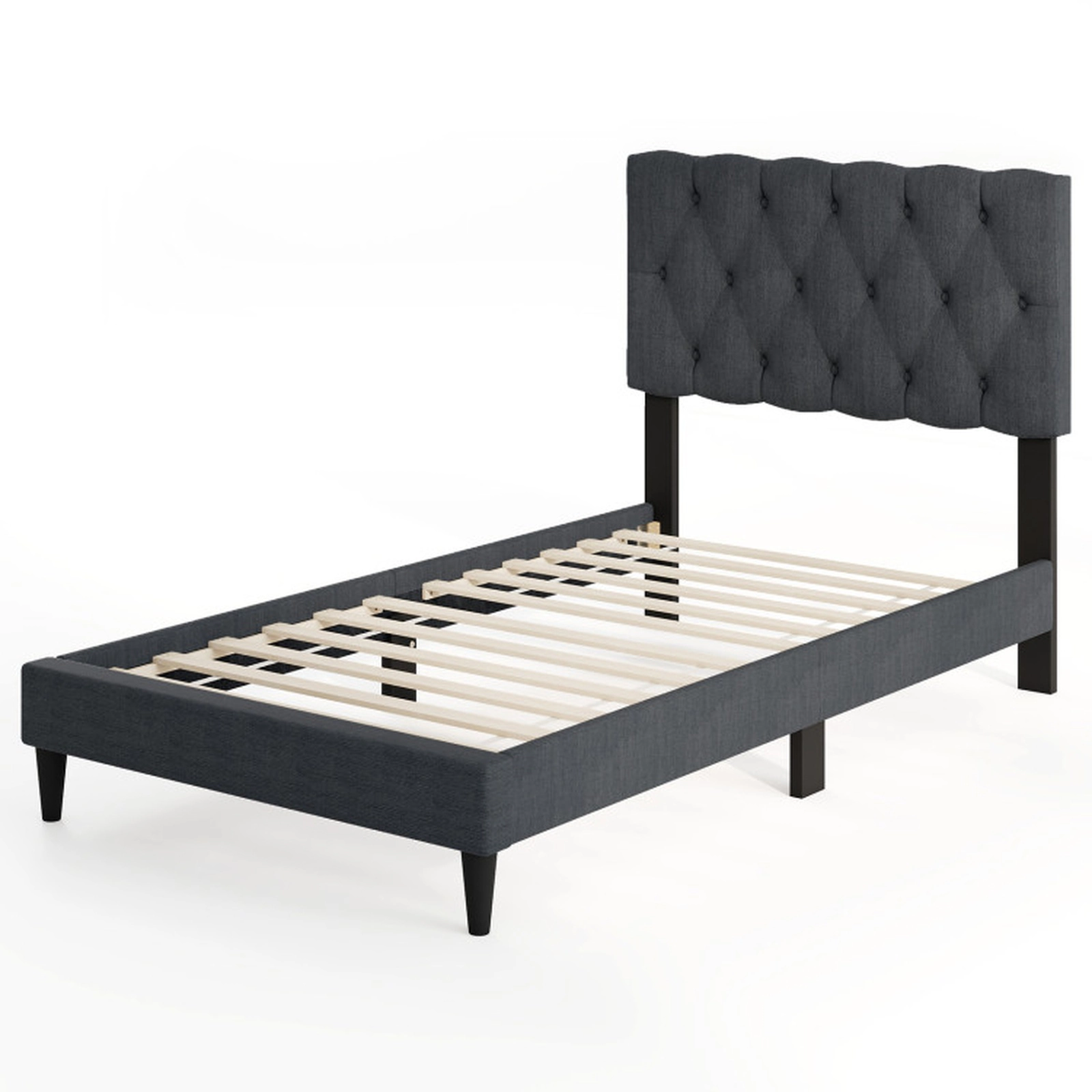 SUGIFT Gray Button-Tufted Headboard and Slats Twin Size Upholstered Platform Bed