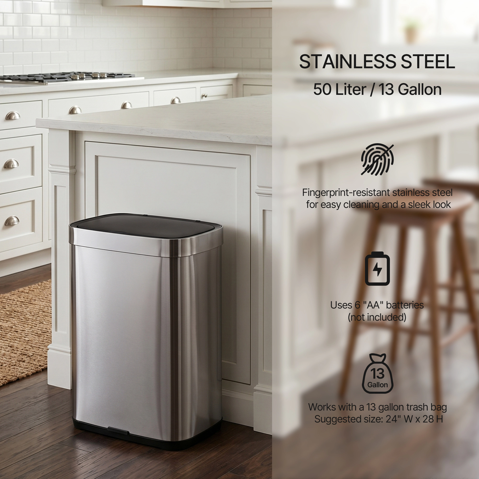 Innovaze 13 Gallon Touchless Motion Sensor Stainless Steel Kitchen Trash Can, Includes 45 Trash Bags