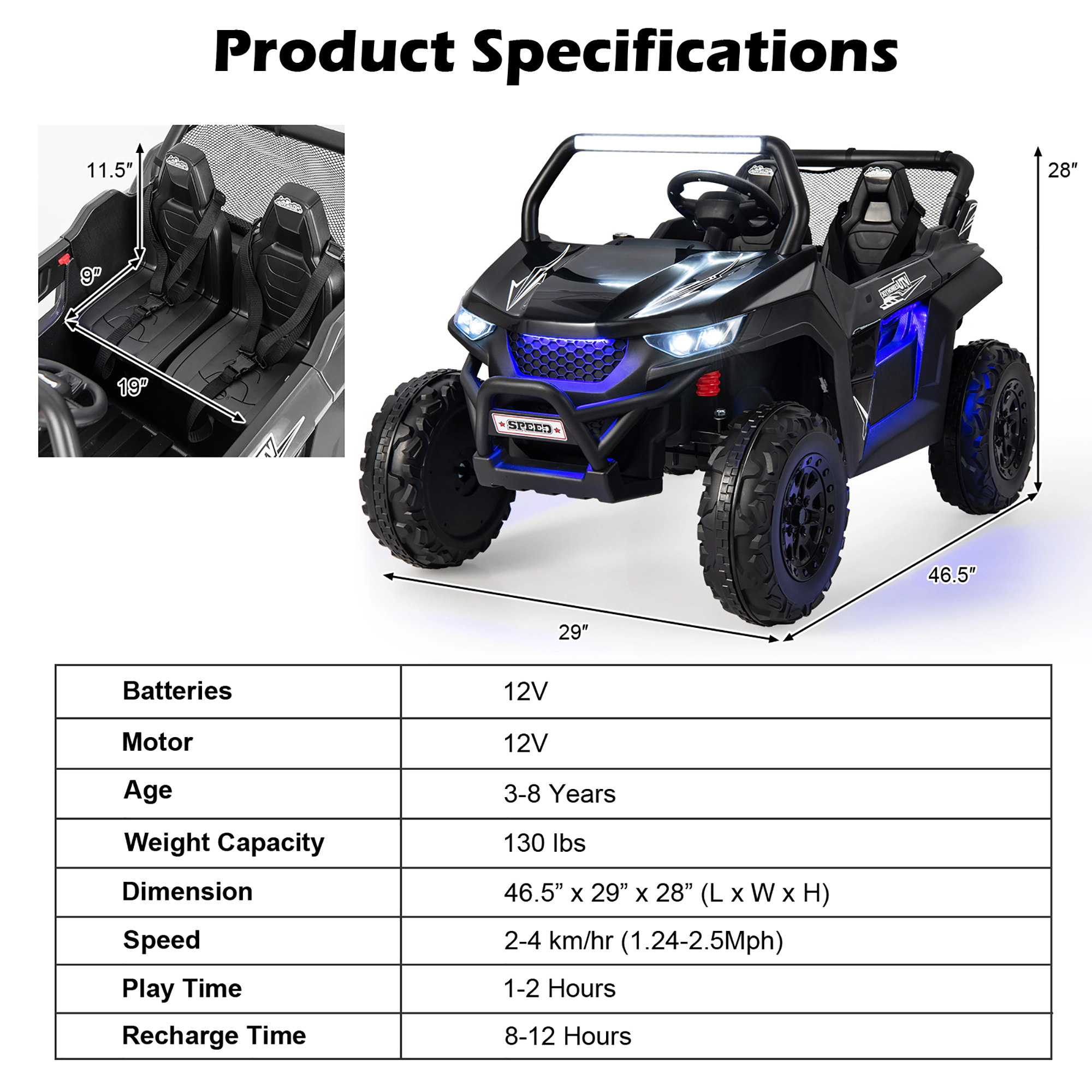 Costway 12V 2-Seater Kids Ride On UTV RC Electric Vehicle Suspension w/ Lights & Music Red
