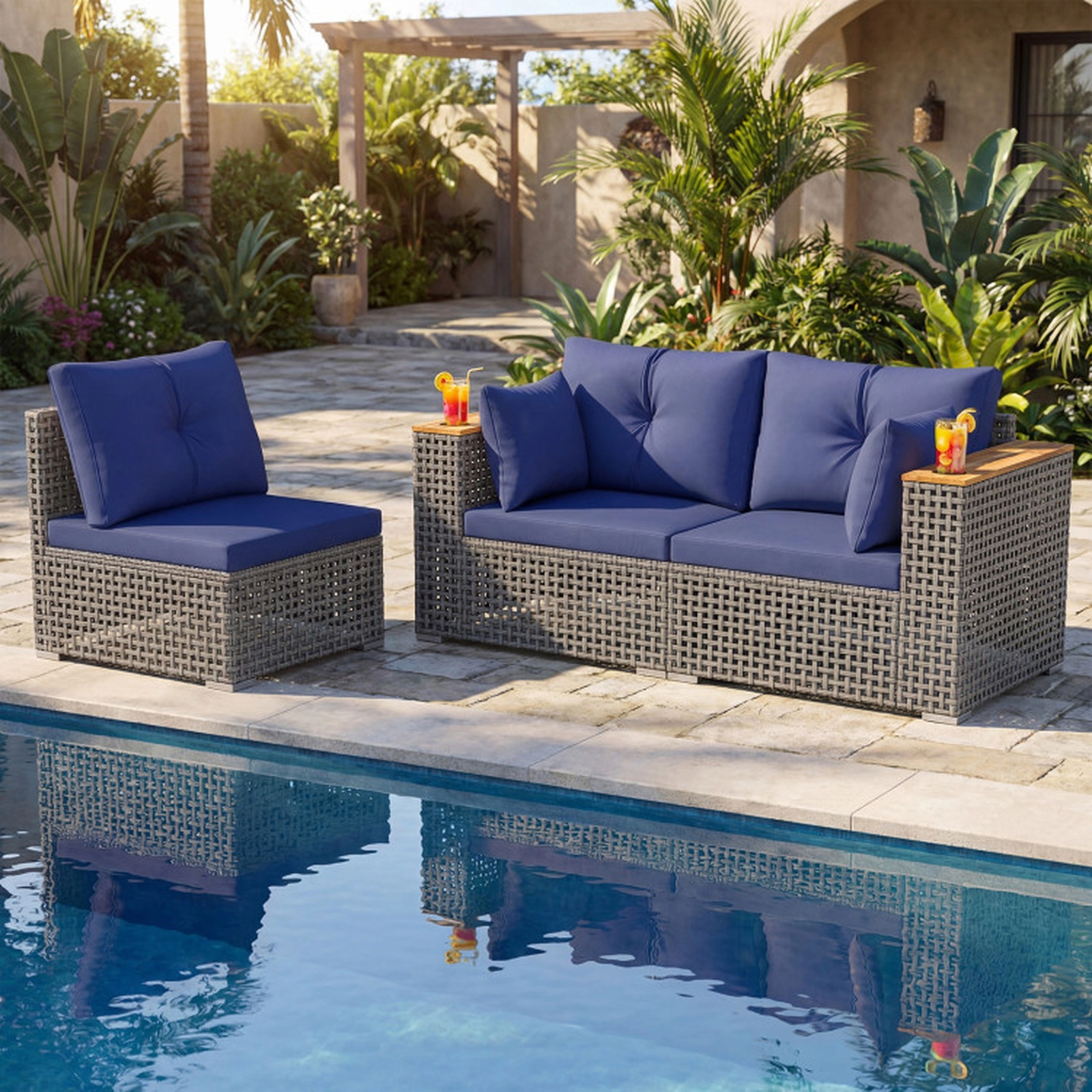 SUGIFT 3-Piece Modular Patio Wicker Sectional Sofa Set 1 Armless 2 Corner Sofas 400-lb per Seat 86.5-in Wide Navy