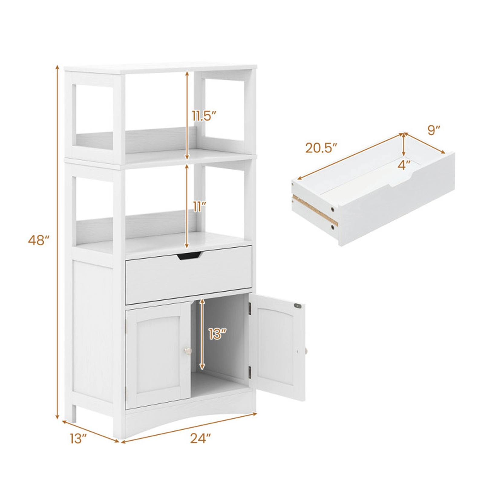 SUGIFT Bathroom Storage Cabinet with Open Shelves and Drawer 110-lb Capacity 24-in Wide Engineered Wood White