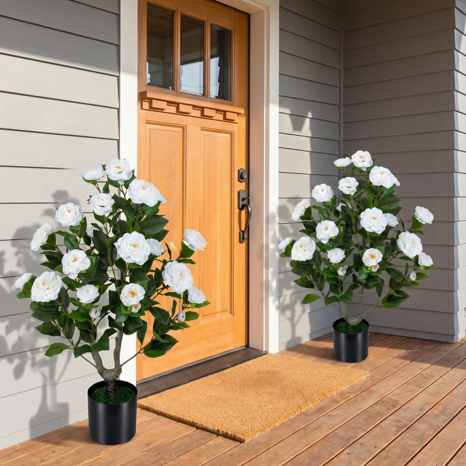 SUGIFT Set of 2 35.5-in White Artificial Camellia Trees with Faux Flowers and Cement-Filled Pots