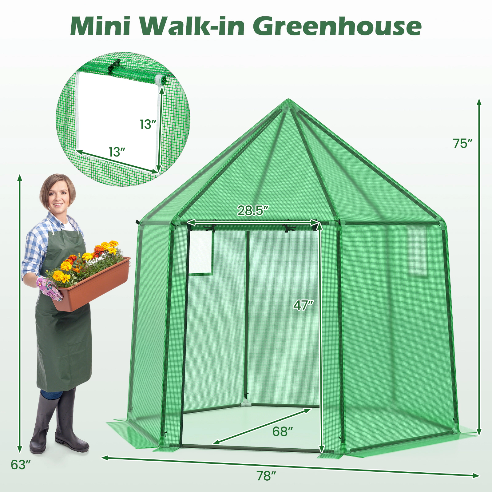 SUGIFT Green 6.5-ft x 5.6-ft Portable Mini Walk-in Greenhouse with PE Cover and 2 Screen Windows