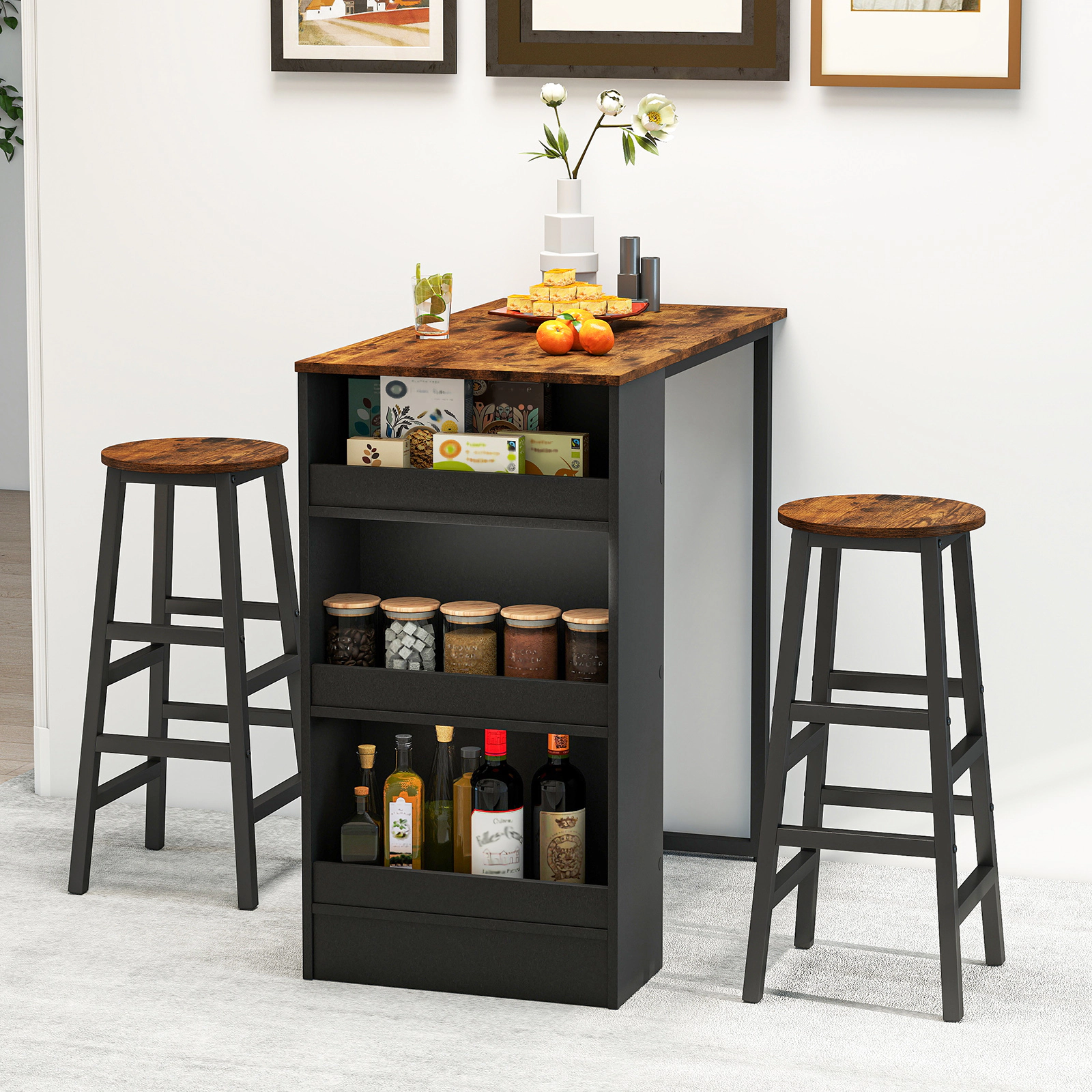 LJG 3 Pieces Bar Table Set with Storage