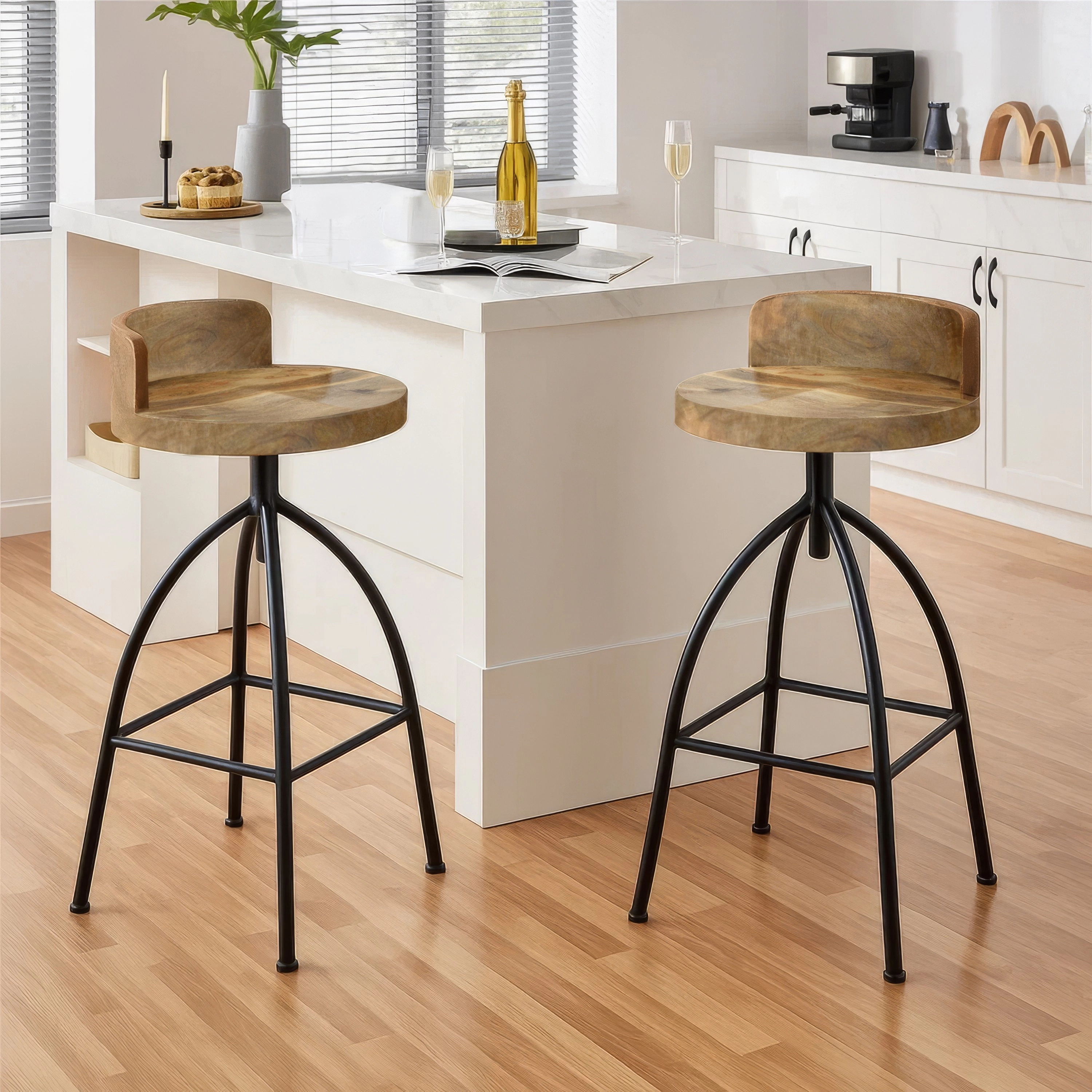 The Urban Port Pia 32-35 Extra Tall Adjustable Barstool, Natural Brown Mango Wood Seat, Black Iron Frame