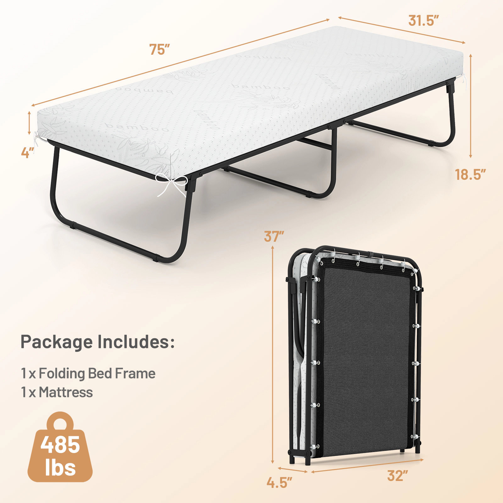 SUGIFT 75 in Folding Cot Bed with 4 in Gel Memory Foam Mattress, Mesh Spring Deck, 480 lb Capacity, Black