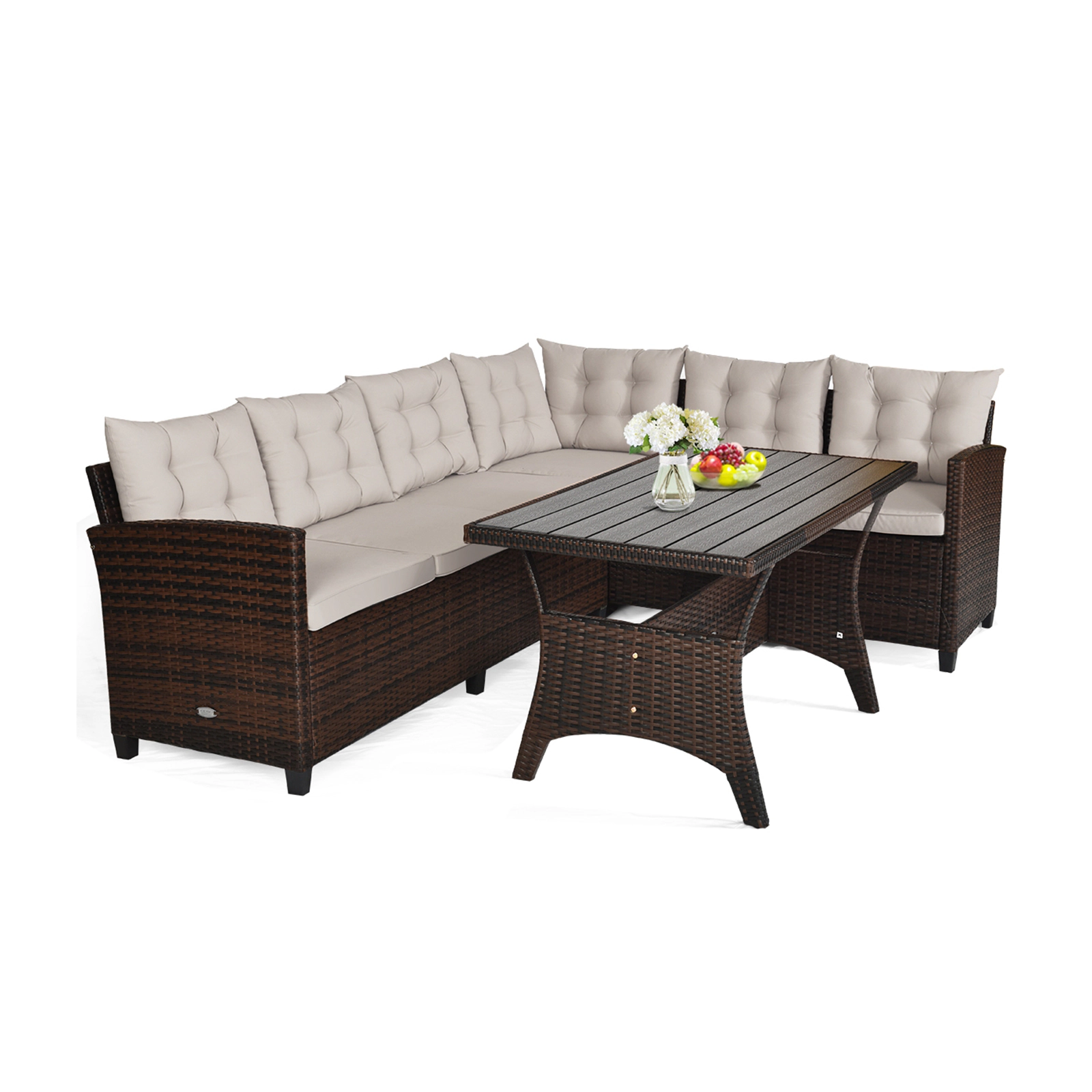 LJG 3 Pieces Hand-Woven Rattan Outdoor Sofa Set with Dining Table