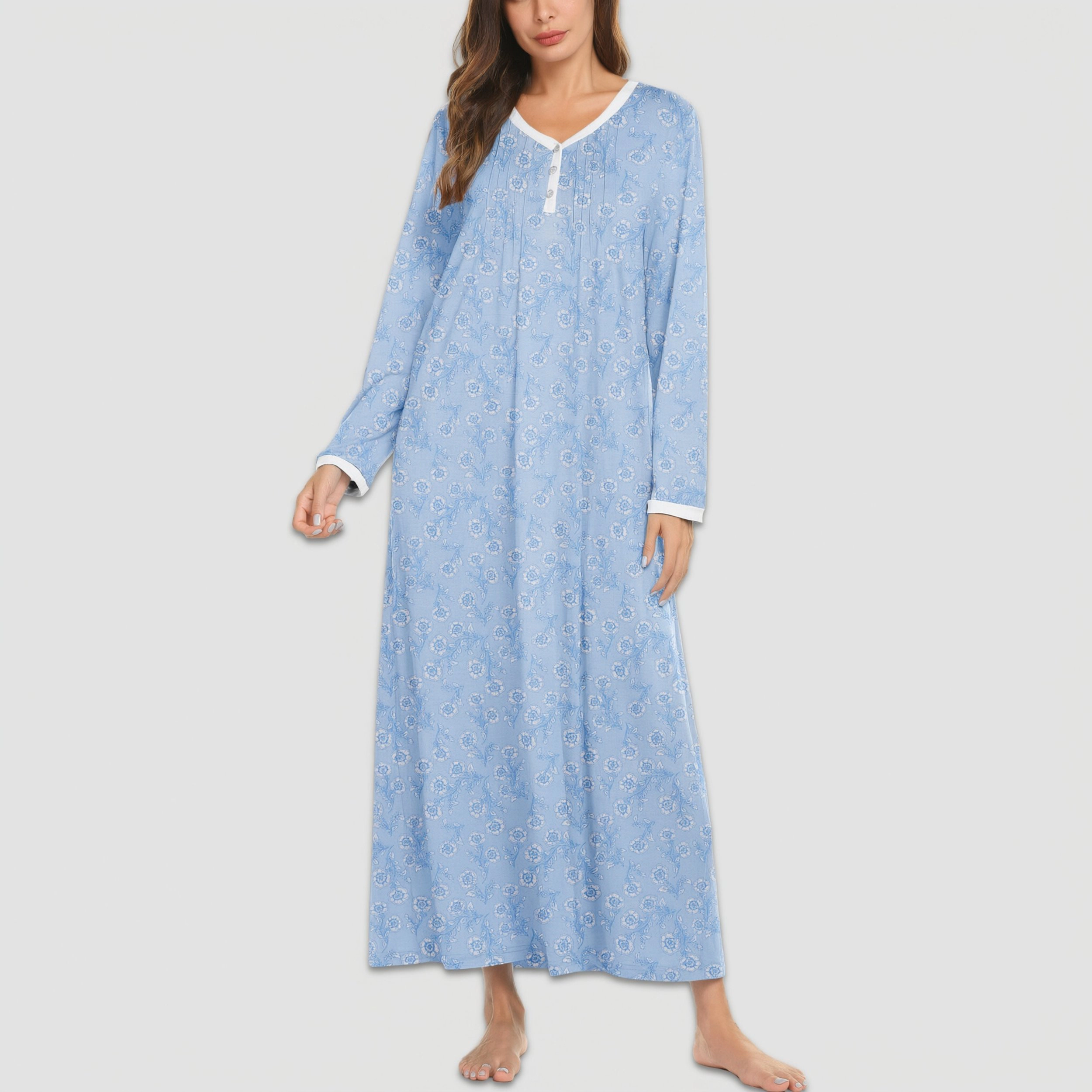 Ekouaer Women's Long Sleeve Nightgown Full Length Sleepwear Sleepshirts Henley Sleep Dress