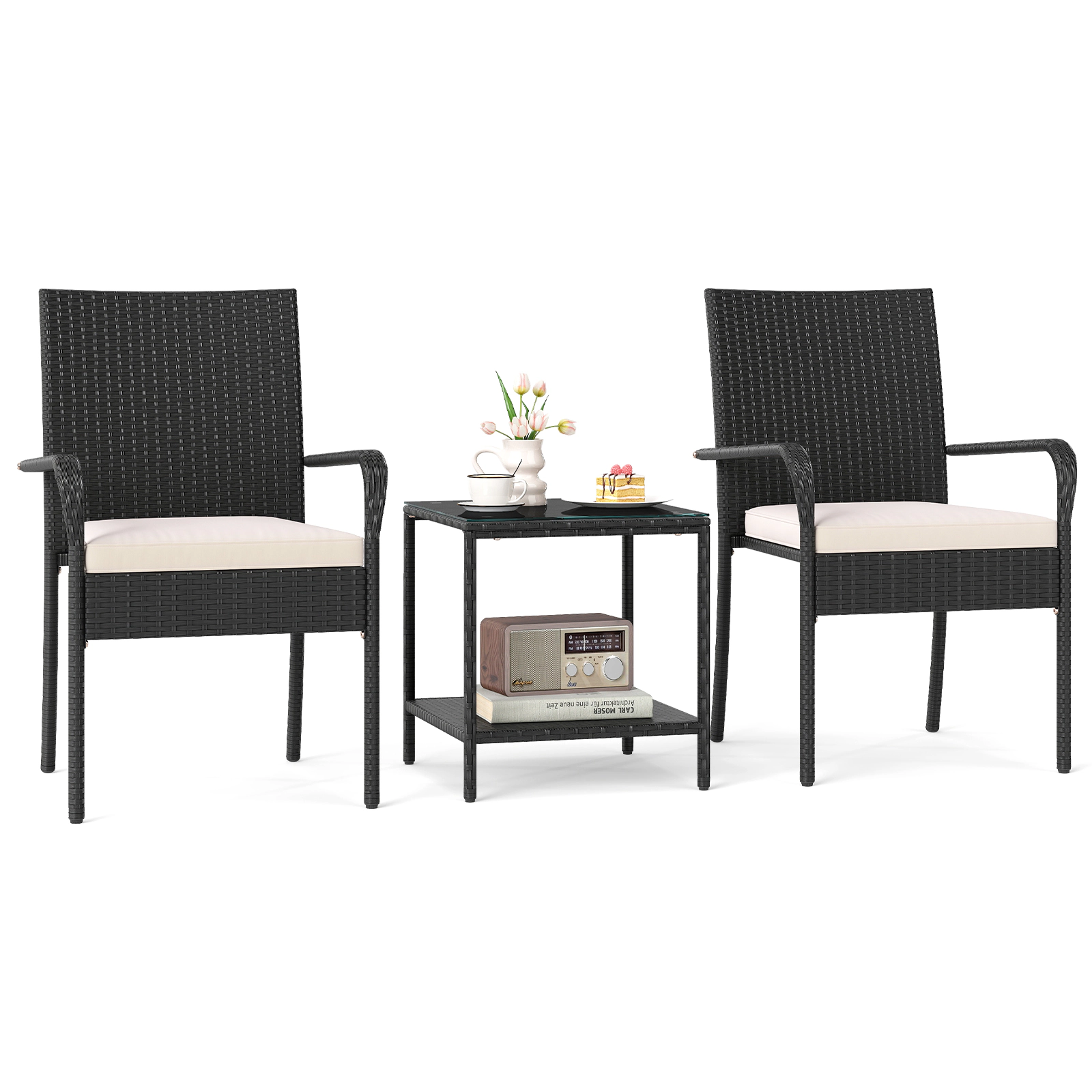 SUGIFT Patio Conversation Set with Cushions & Tempered Glass Side Table 400-lb Chairs Black Rattan Beige/Black/Off White