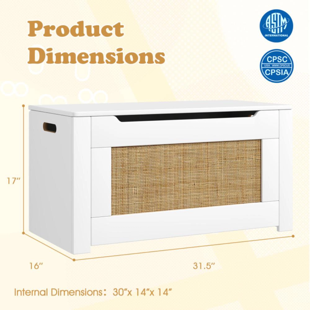 Hivvago Kids Rattan Toy Storage Box with Flip Top Lid and Safety Hinge Handles-White