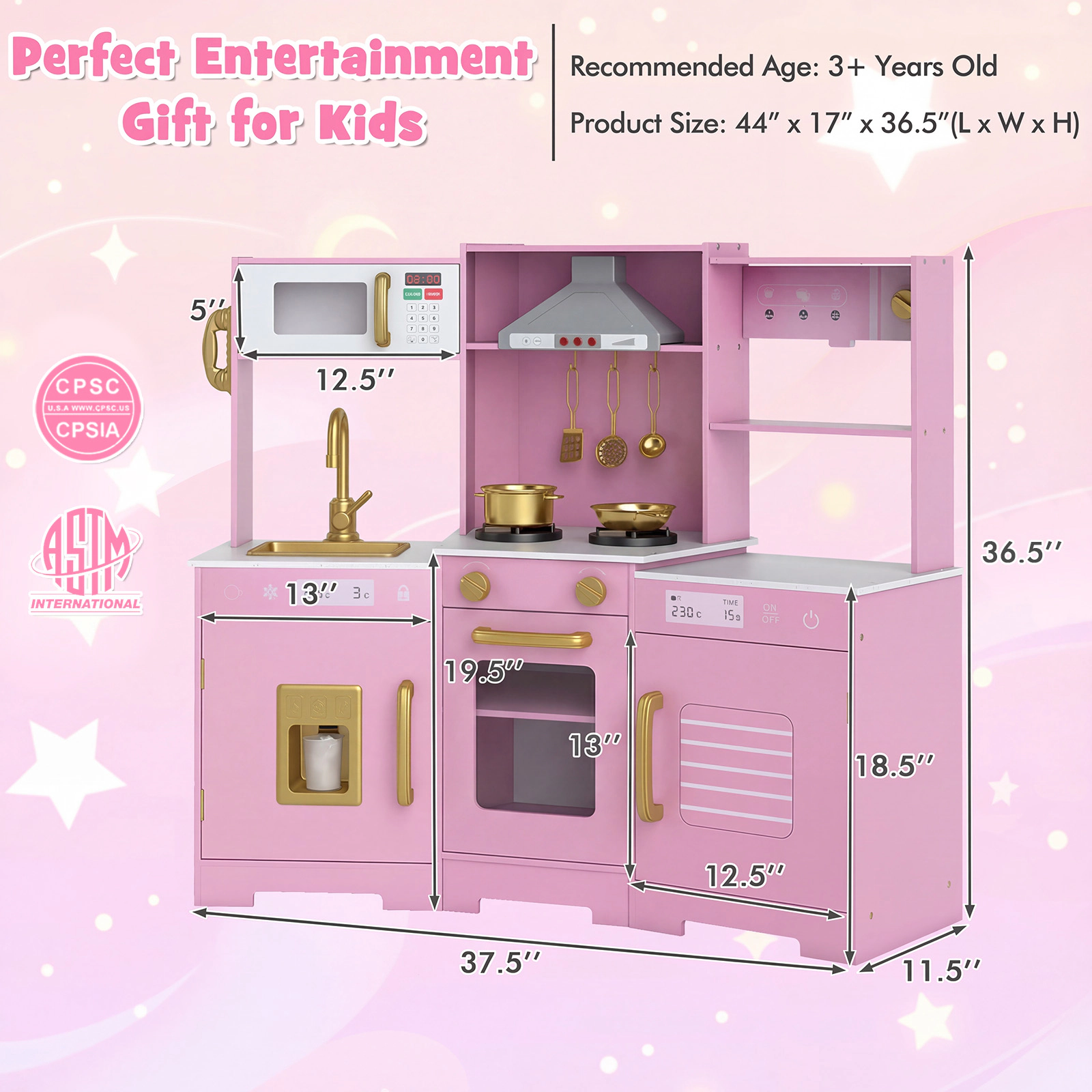SUGIFT Pretend Play Kitchen Wooden Toy Set with Range Hood Real Sounds and Lights Pretend Kitchen Ages 3+ Brown/White