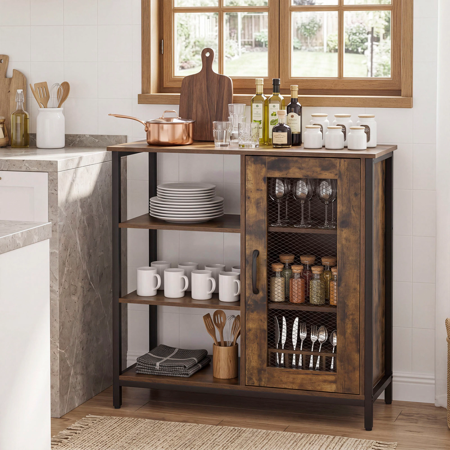 Glintex Industrial Side Cabinet with Metal Mesh Door and 3-Position Adjustable Shelves