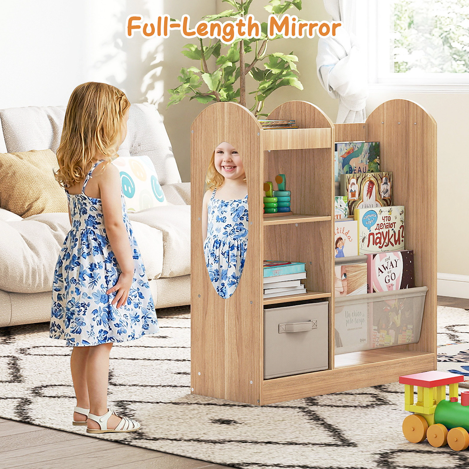 SUGIFT Kids 4-Tier Sling Shelves Mirror Fabric Drawer Toy Storage Organizer 34.5-in x 12-in x 35.5-in Ages 3+ Natural