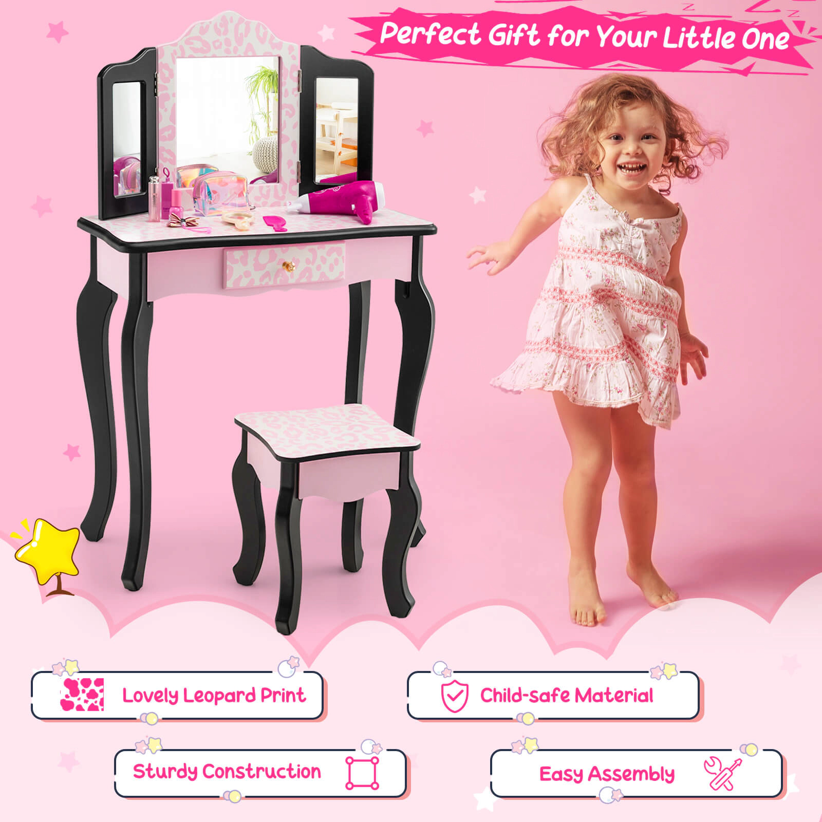 SUGIFT Pink Kids Vanity Set with Tri-Fold Mirror, Leopard Print and Crystal Knob