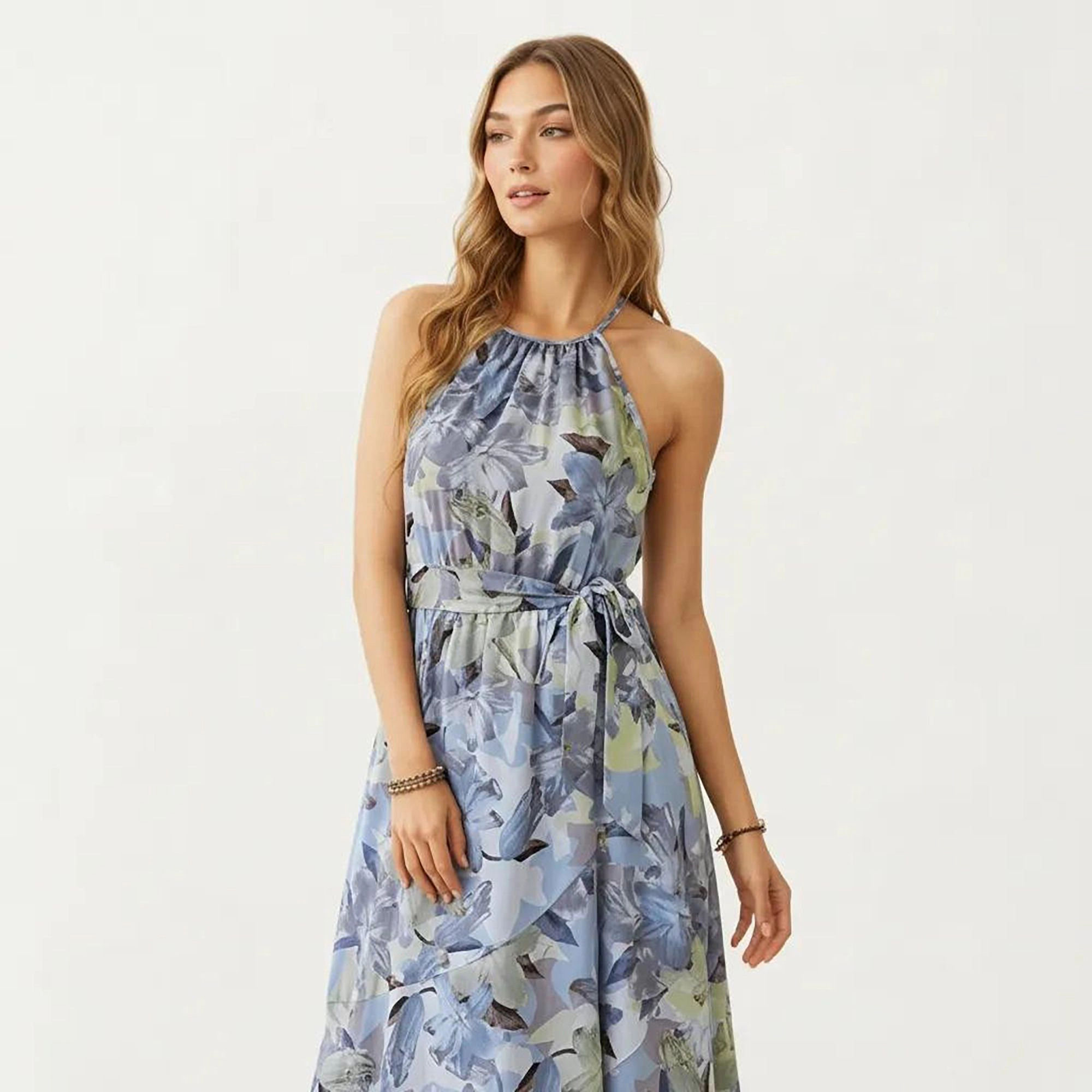 Anna-Kaci Women's Halter Neck Floral Print Asymmetrical Hem Midi Dress