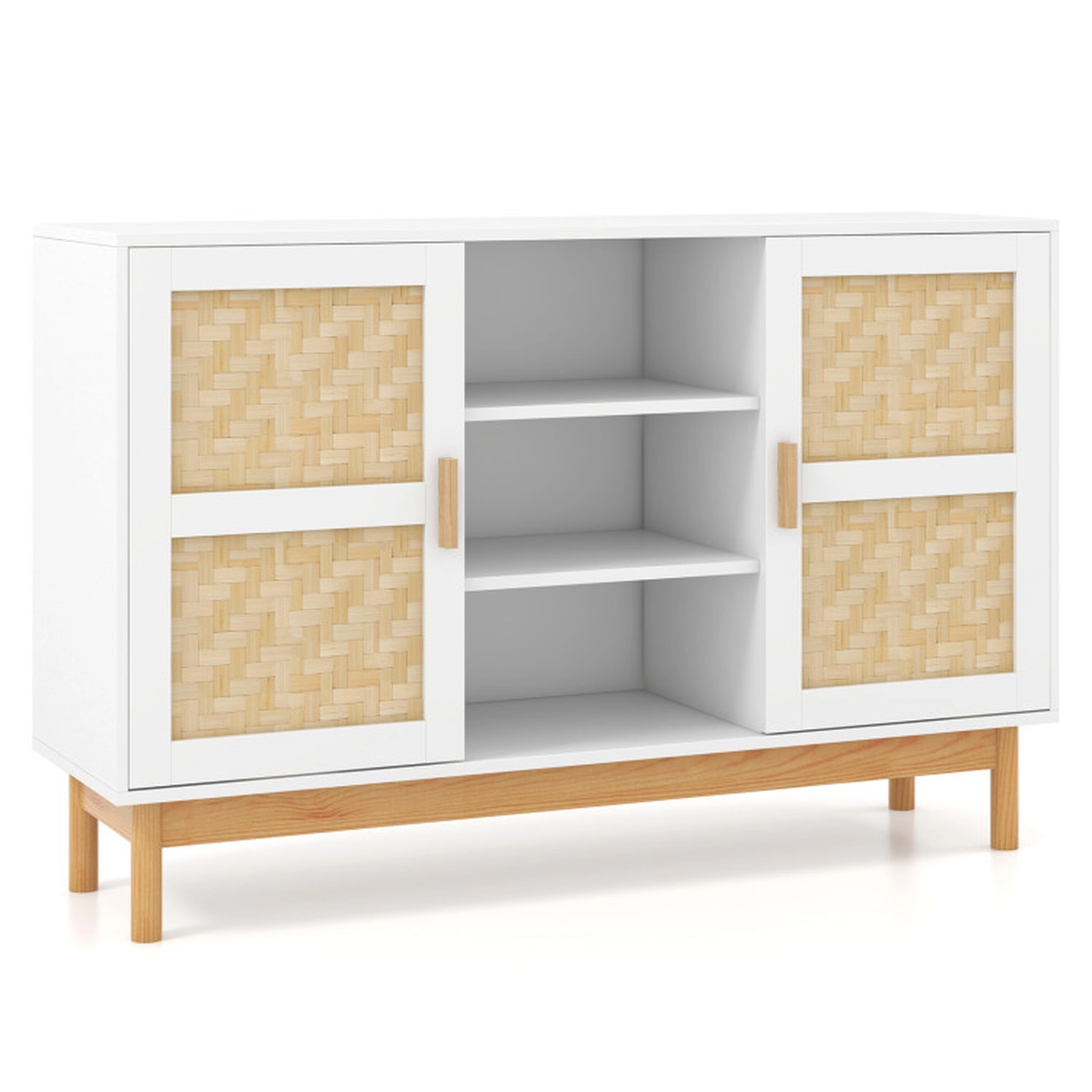 SUGIFT 2 Bamboo Woven Doors 3 Open Shelves Wood Legs Sideboard Cabinet 48-in x 14-in x 31-in 310-lb Capacity White